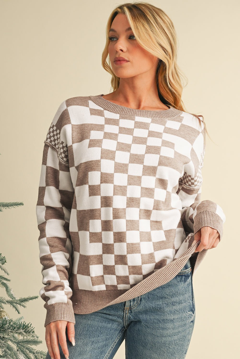 Gray Checkered Drop Shoulder Round Neck Sweater - MAD RUFFI