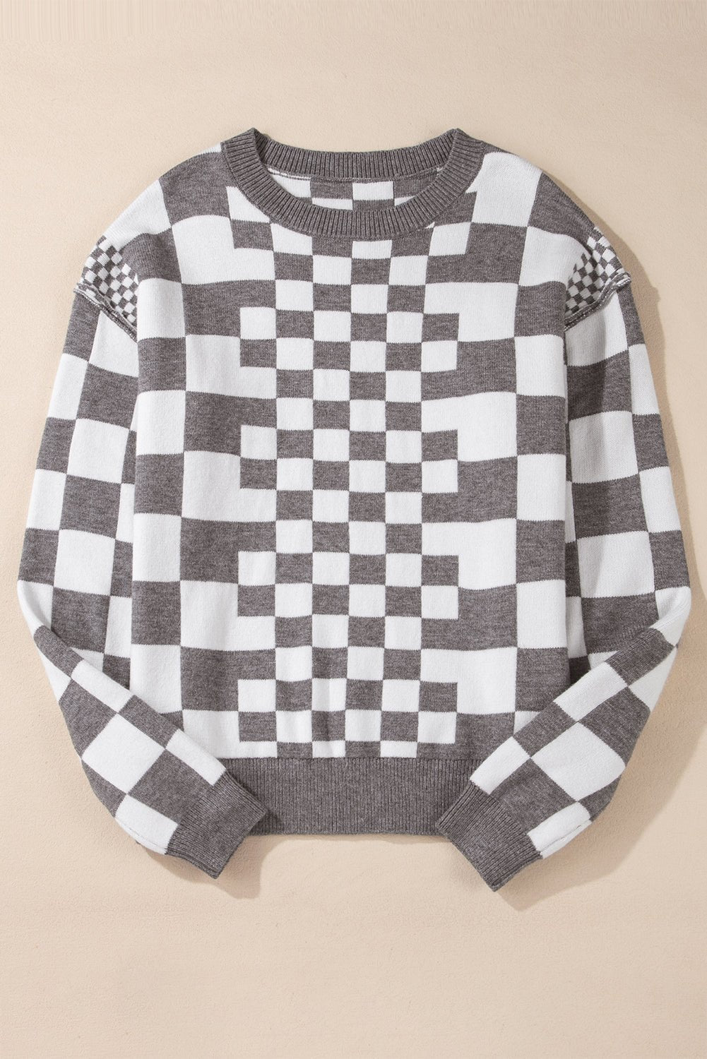 Gray Checkered Drop Shoulder Round Neck Sweater - MAD RUFFI