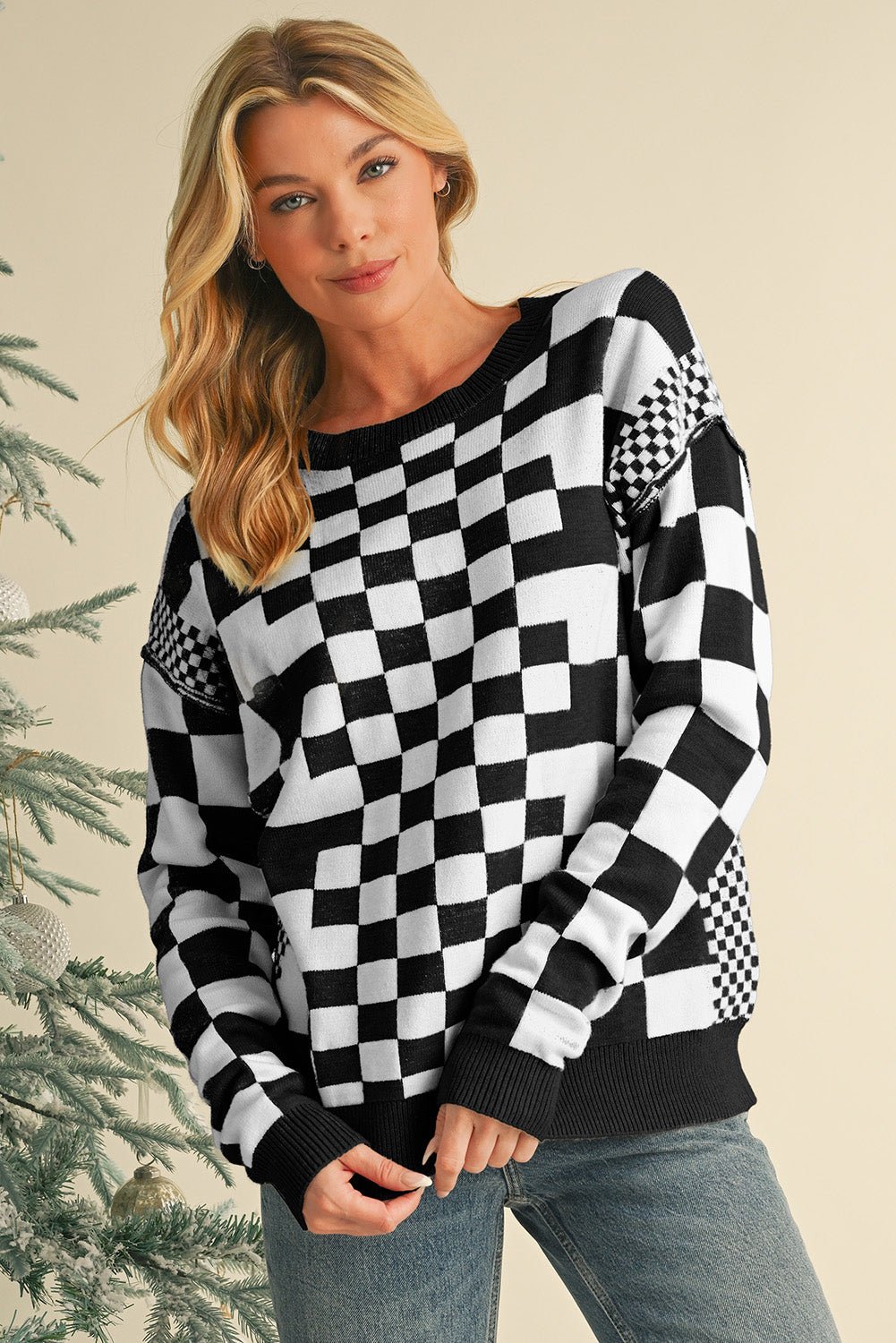 Gray Checkered Drop Shoulder Round Neck Sweater - MAD RUFFI