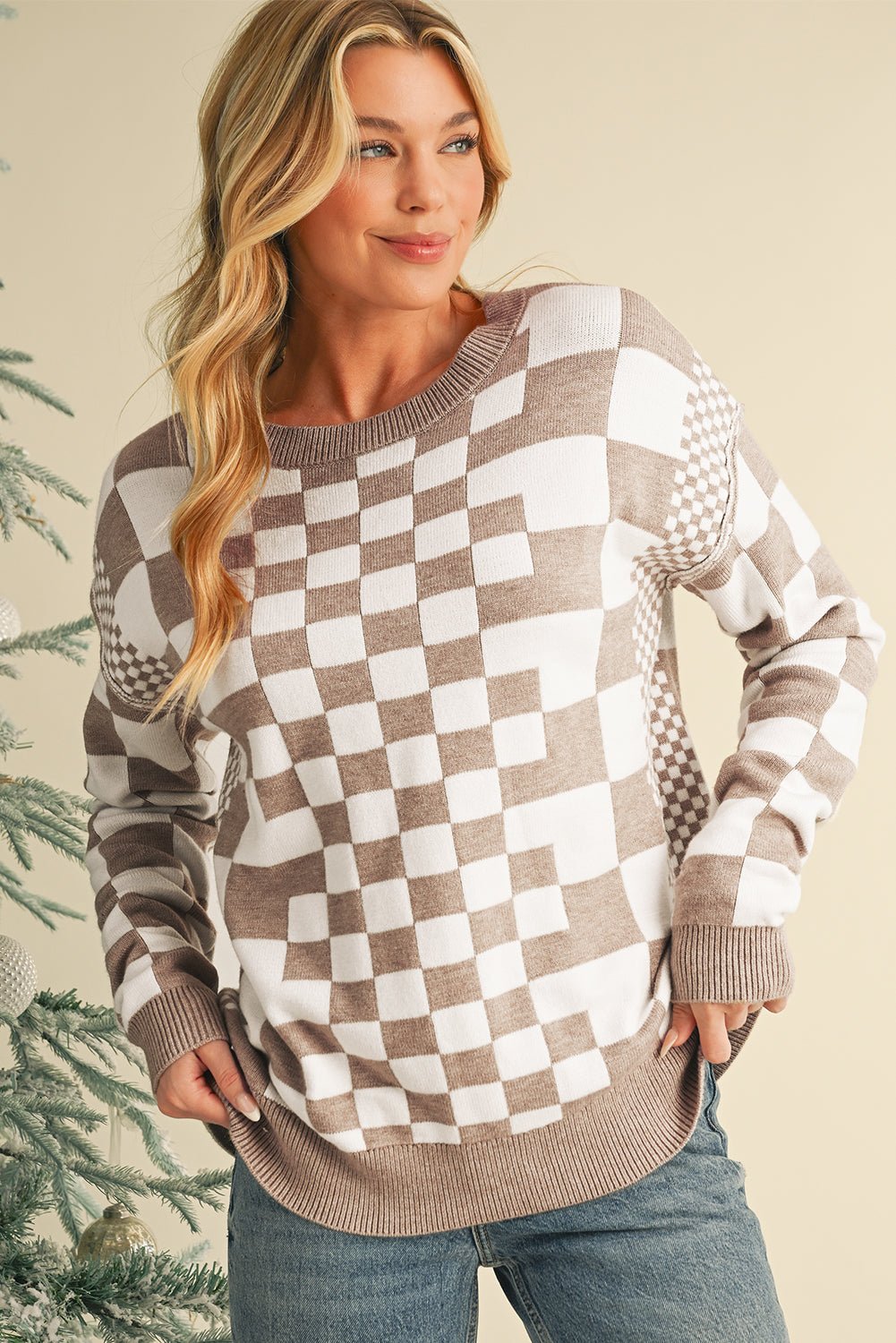 Gray Checkered Drop Shoulder Round Neck Sweater - MAD RUFFI
