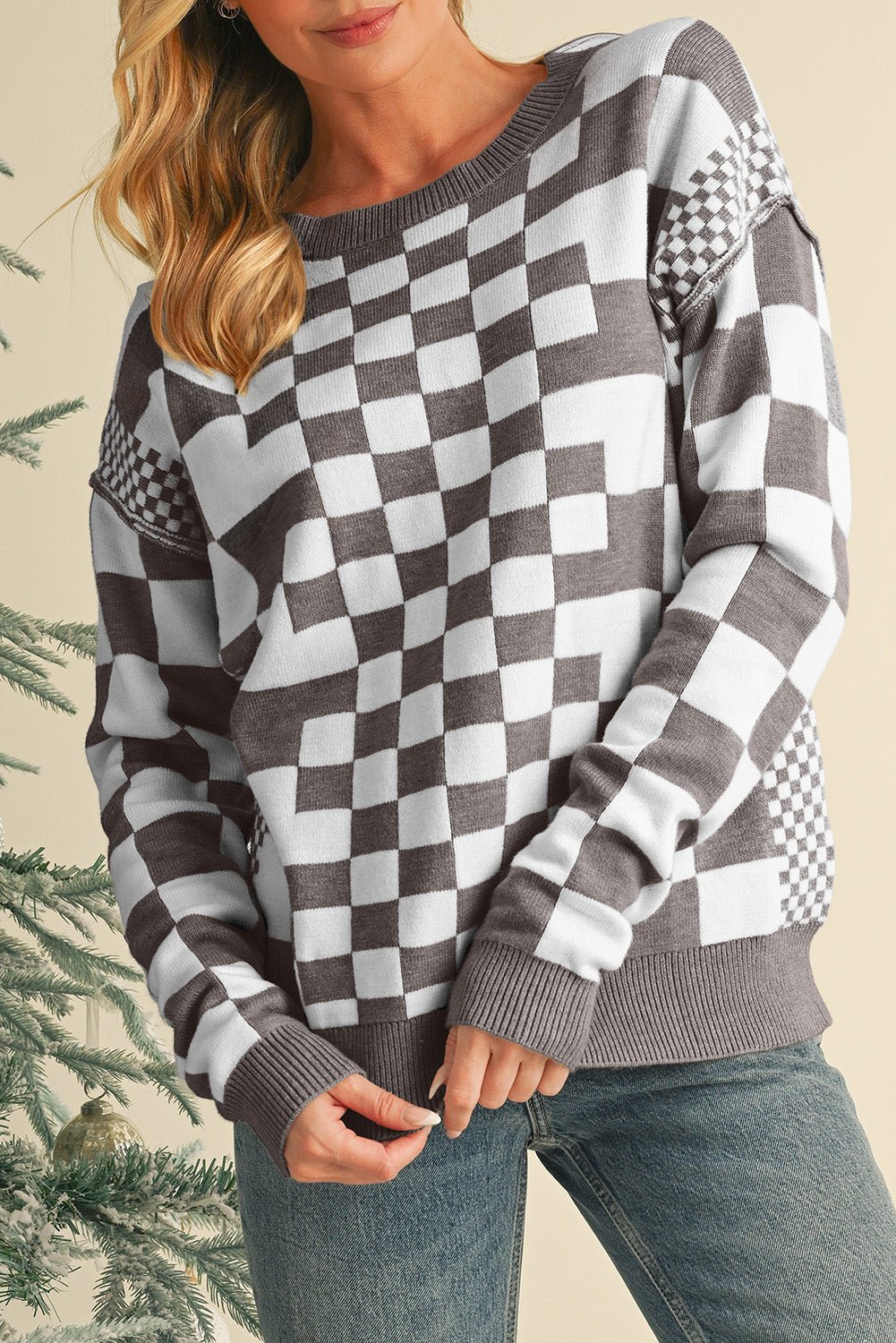 Gray Checkered Drop Shoulder Round Neck Sweater - MAD RUFFI