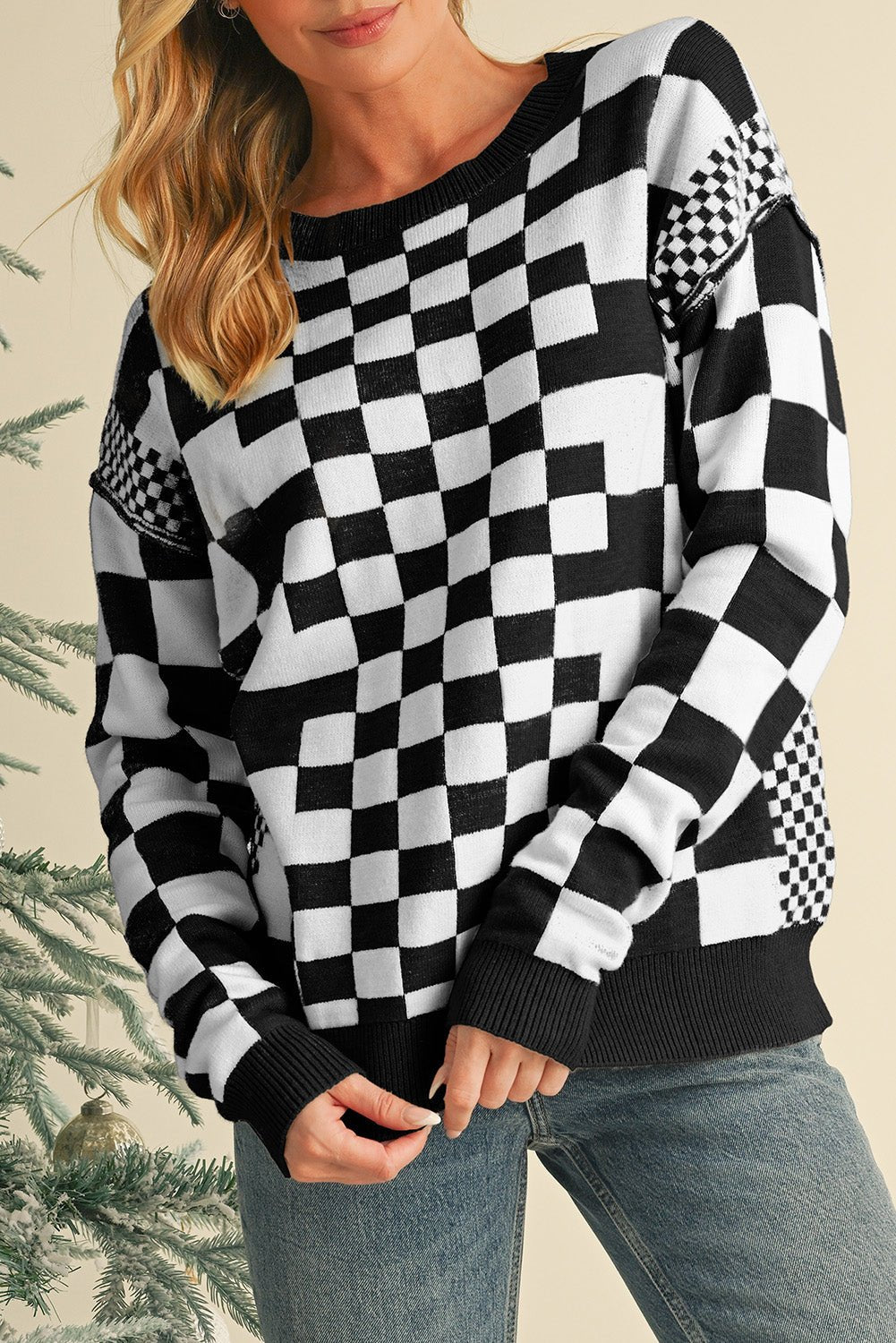 Gray Checkered Drop Shoulder Round Neck Sweater - MAD RUFFI