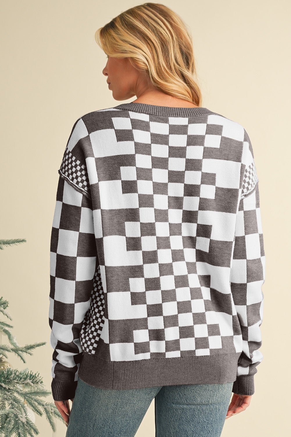 Gray Checkered Drop Shoulder Round Neck Sweater - MAD RUFFI