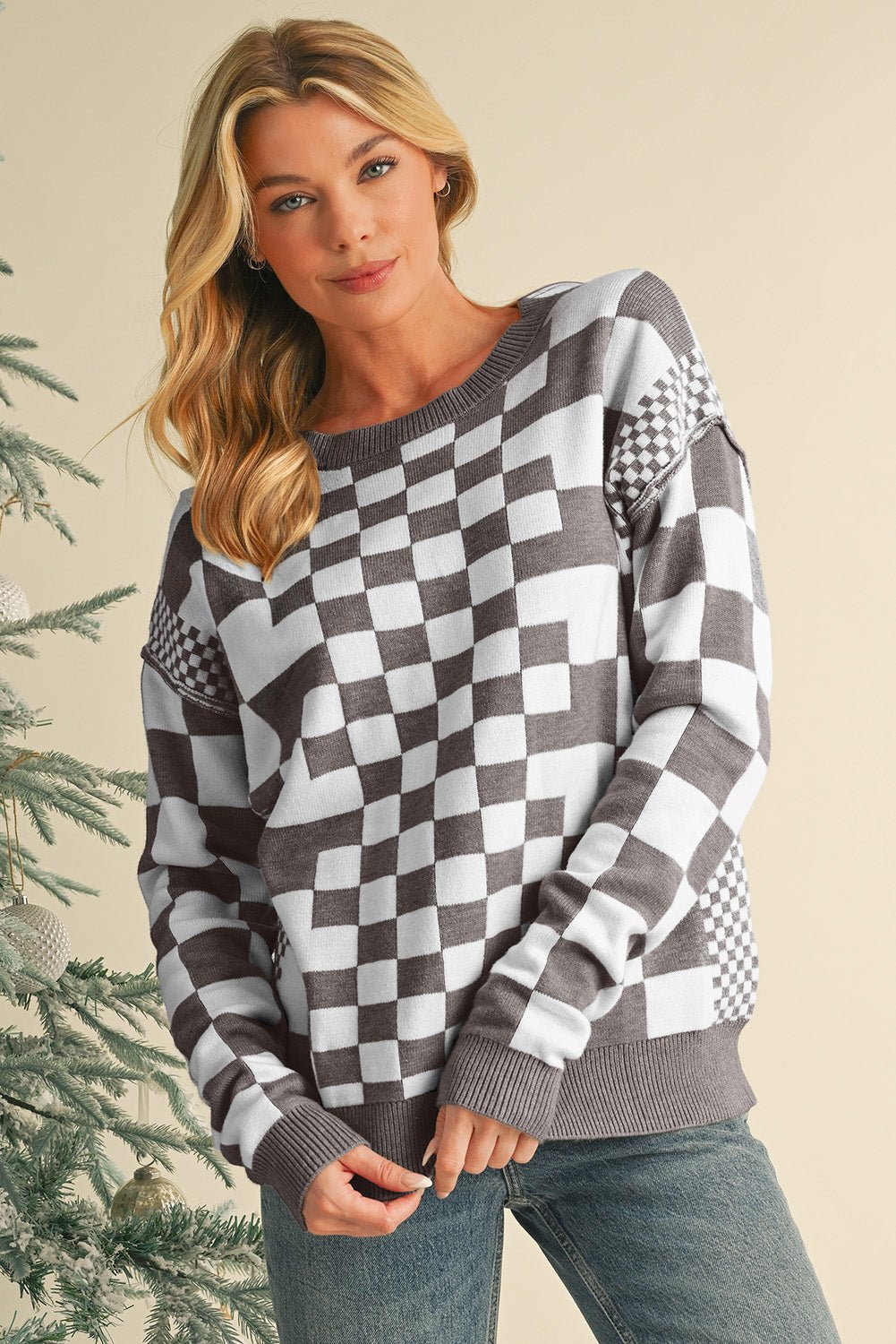 Gray Checkered Drop Shoulder Round Neck Sweater - MAD RUFFI