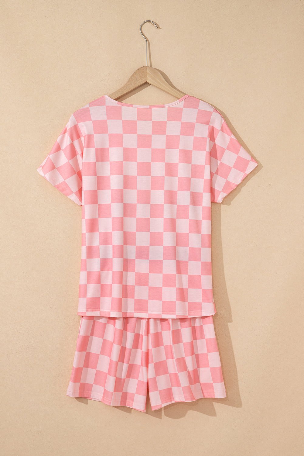 Gray Checkered V Neck Tee and Drawstring Shorts Pajama Set - MAD RUFFI