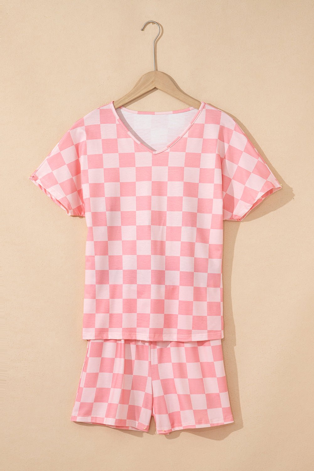 Gray Checkered V Neck Tee and Drawstring Shorts Pajama Set - MAD RUFFI