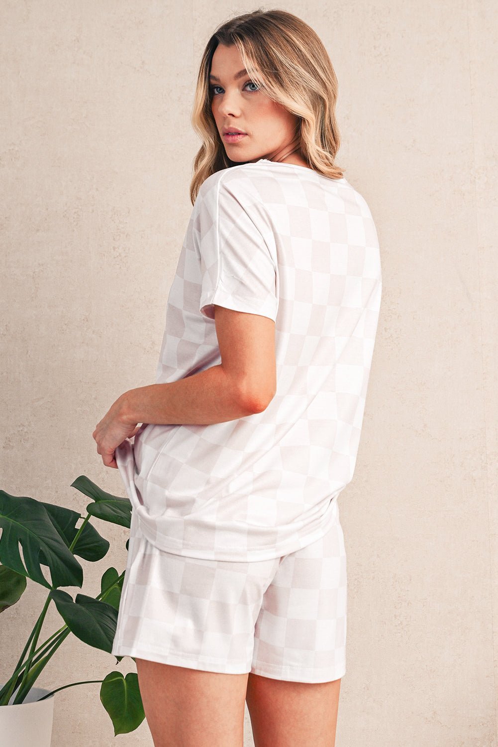 Gray Checkered V Neck Tee and Drawstring Shorts Pajama Set - MAD RUFFI