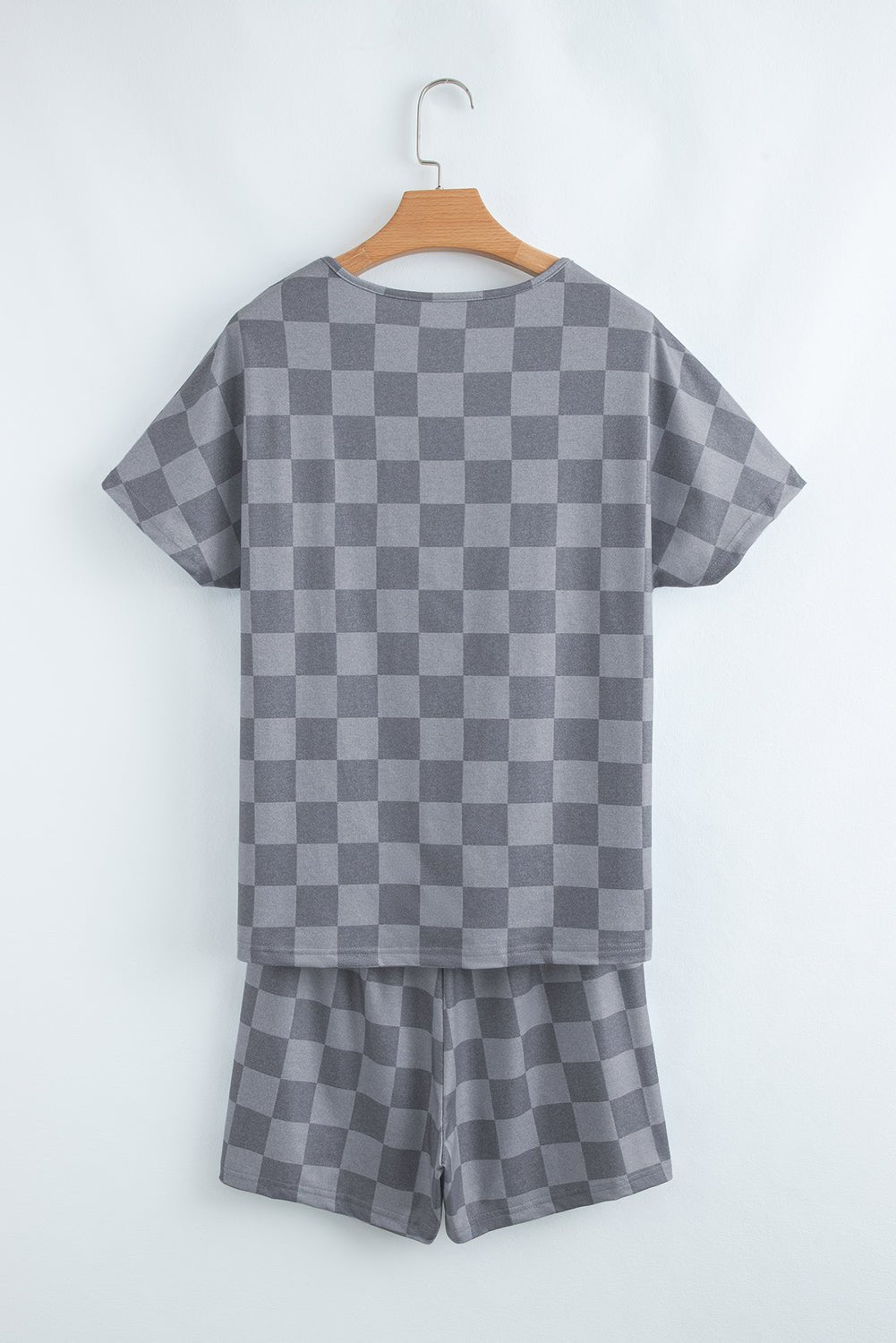 Gray Checkered V Neck Tee and Drawstring Shorts Pajama Set - MAD RUFFI