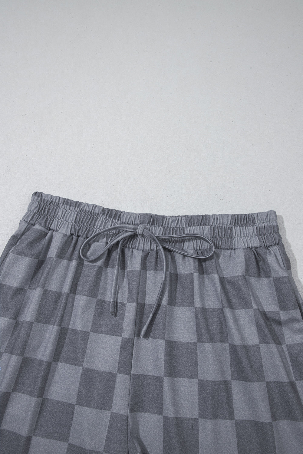 Gray Checkered V Neck Tee and Drawstring Shorts Pajama Set - MAD RUFFI