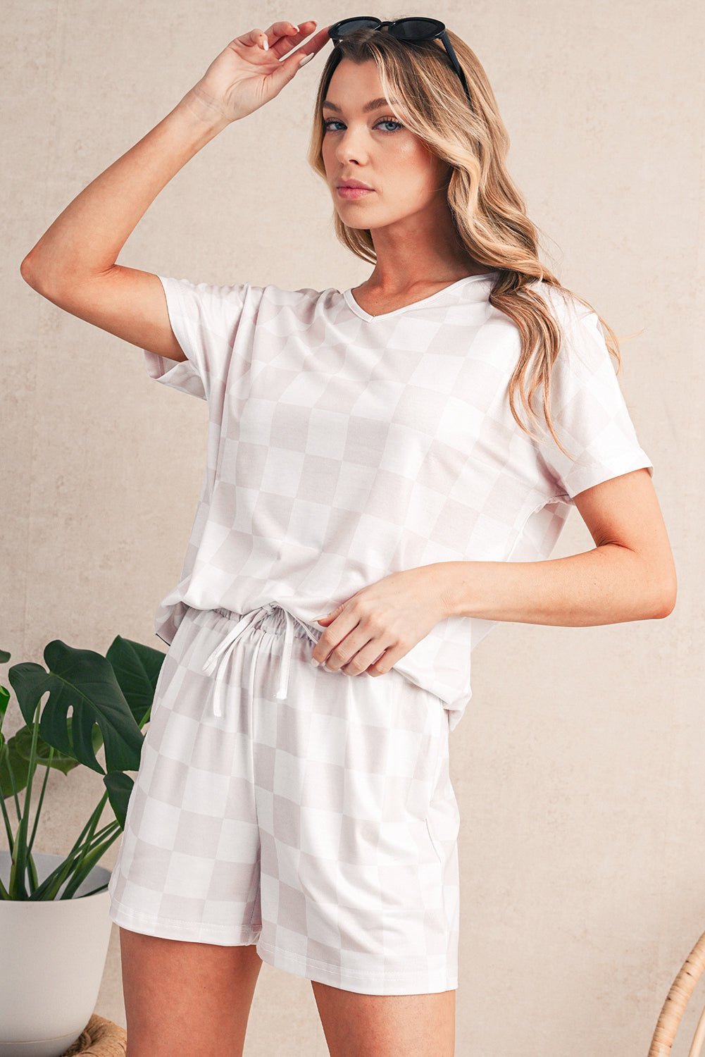 Gray Checkered V Neck Tee and Drawstring Shorts Pajama Set - MAD RUFFI