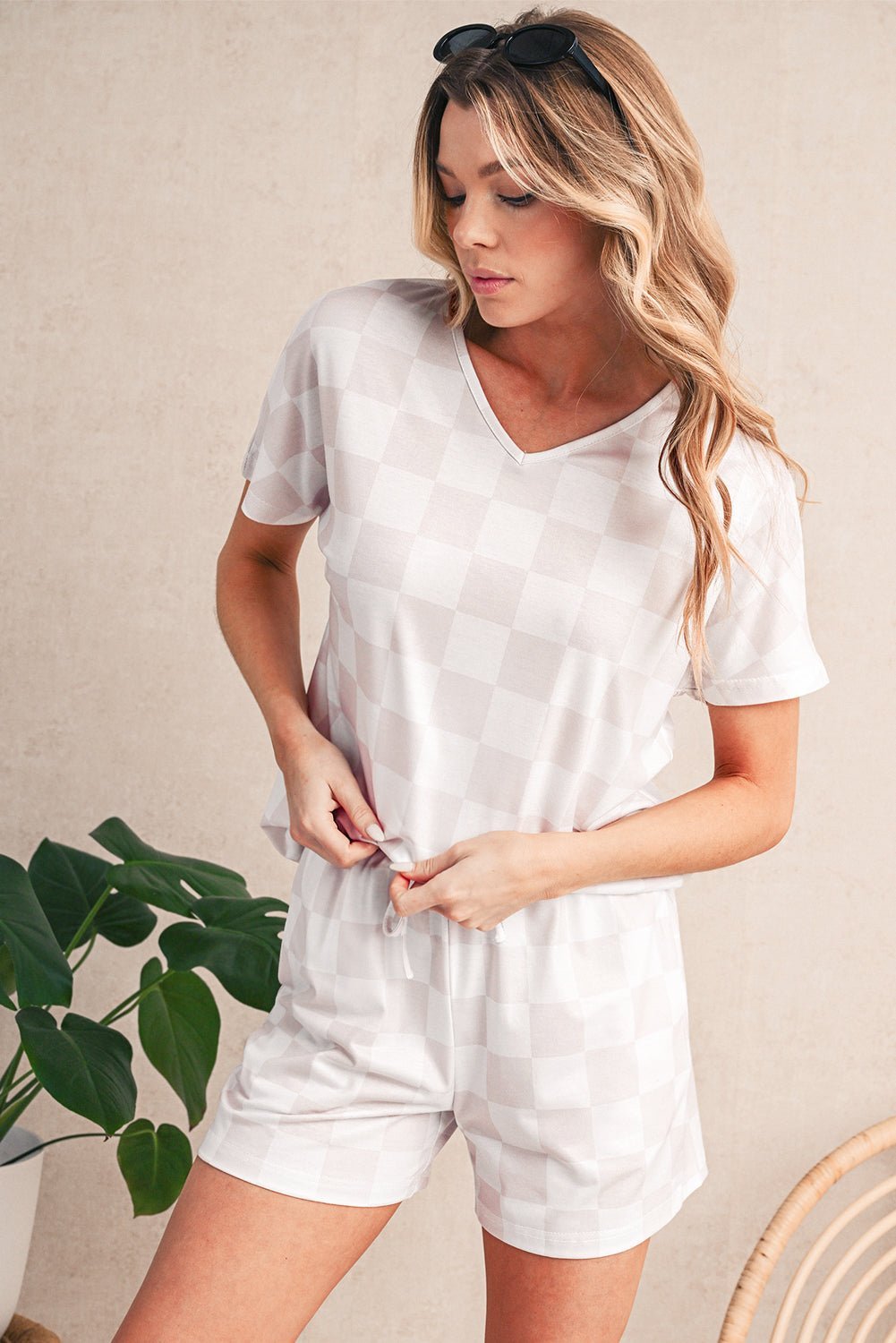 Gray Checkered V Neck Tee and Drawstring Shorts Pajama Set - MAD RUFFI