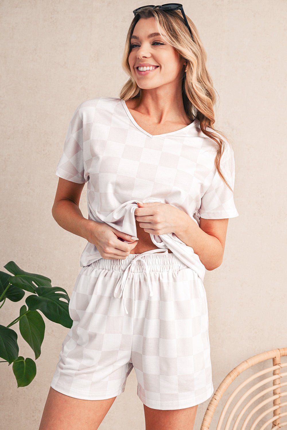 Gray Checkered V Neck Tee and Drawstring Shorts Pajama Set - MAD RUFFI