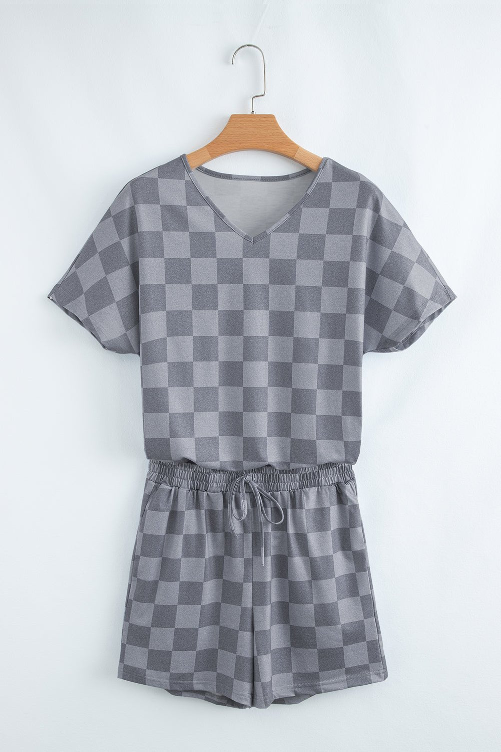 Gray Checkered V Neck Tee and Drawstring Shorts Pajama Set - MAD RUFFI