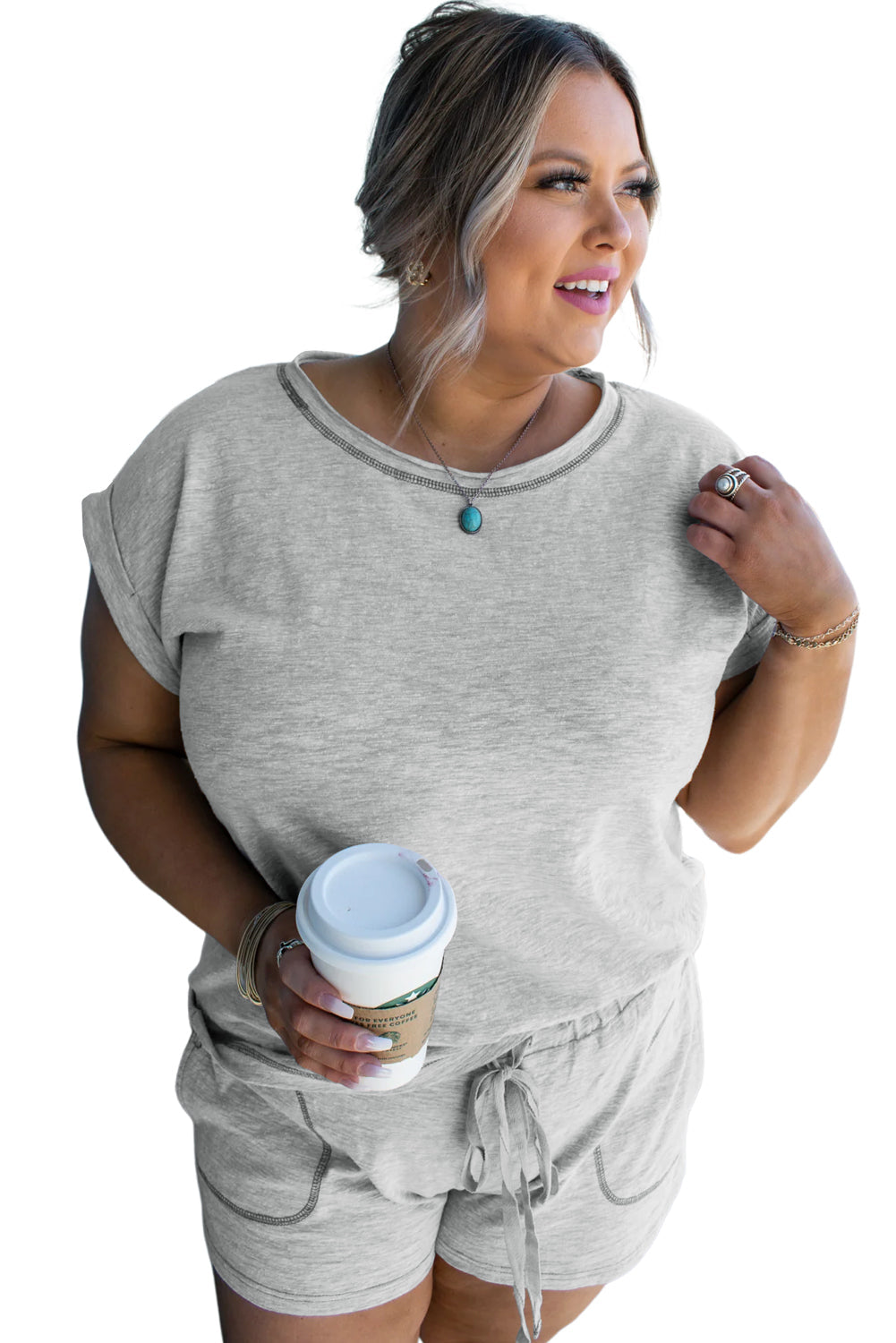 Gray Contrast Stitching Plus Cuffed Sleeve Tee and Shorts Set - Plus Size Matching Sets