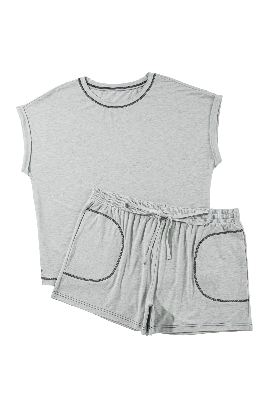 Gray Contrast Stitching Plus Cuffed Sleeve Tee and Shorts Set - Plus Size Matching Sets