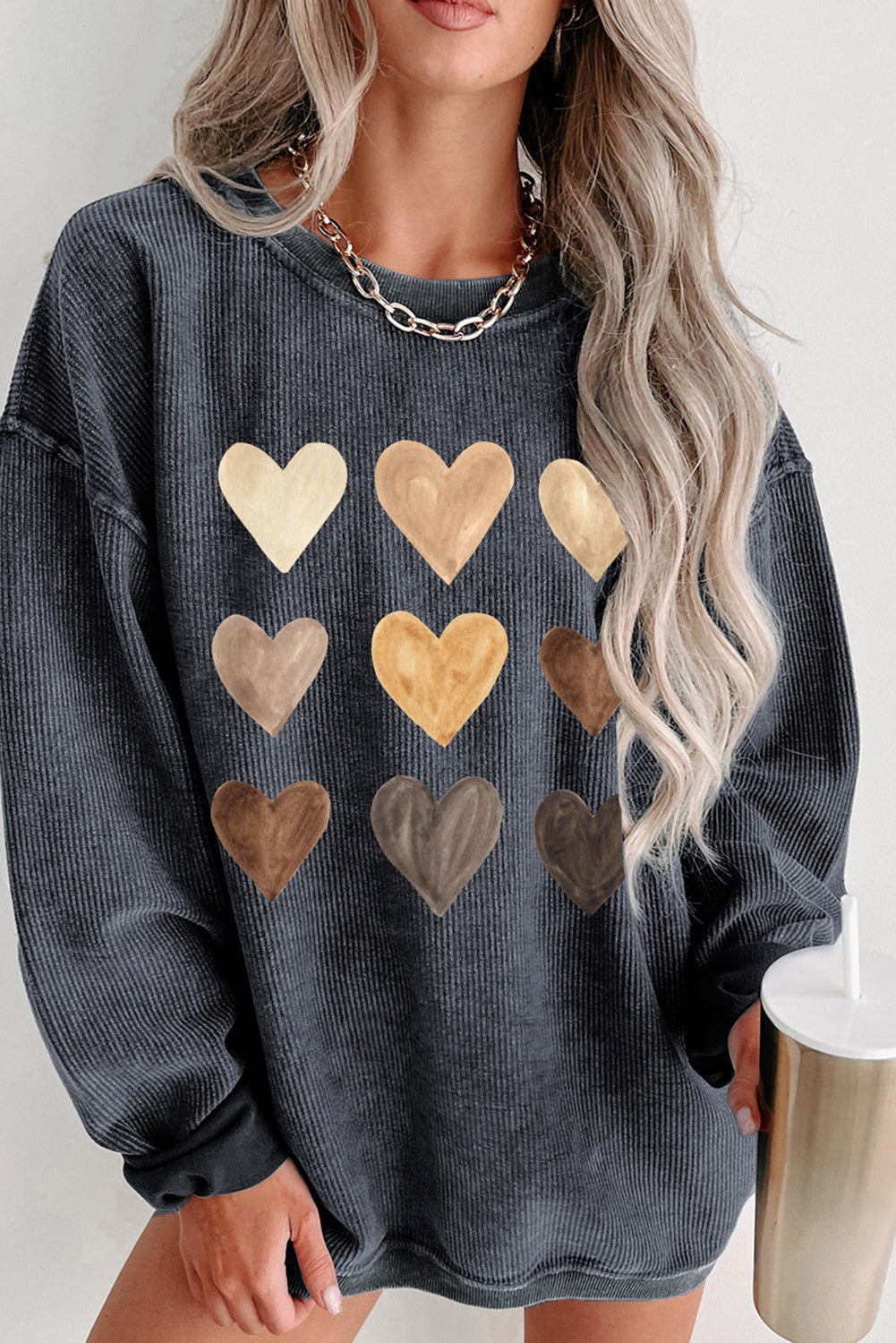 Gray Corded Valentine Heart Shape Graphic Sweatshirt - MAD RUFFI