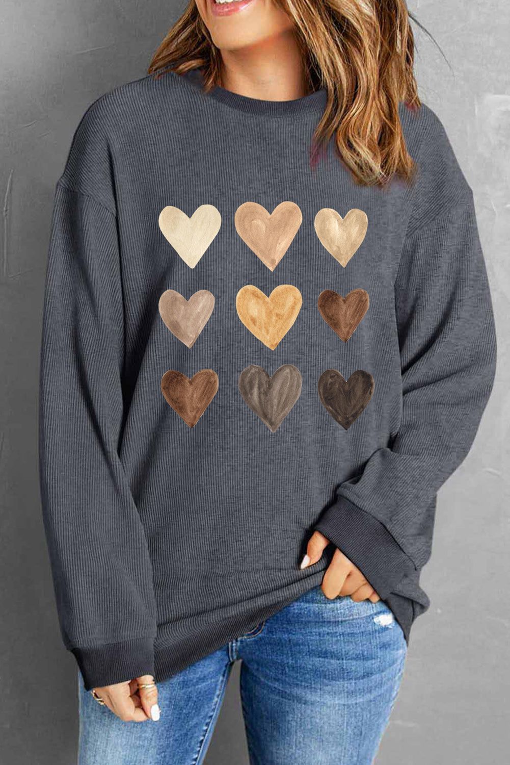 Gray Corded Valentine Heart Shape Graphic Sweatshirt - MAD RUFFI