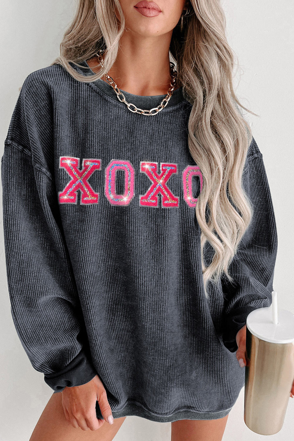 Gray Corded Valentine Sequin XOXO Graphic Sweatshirt - MAD RUFFI