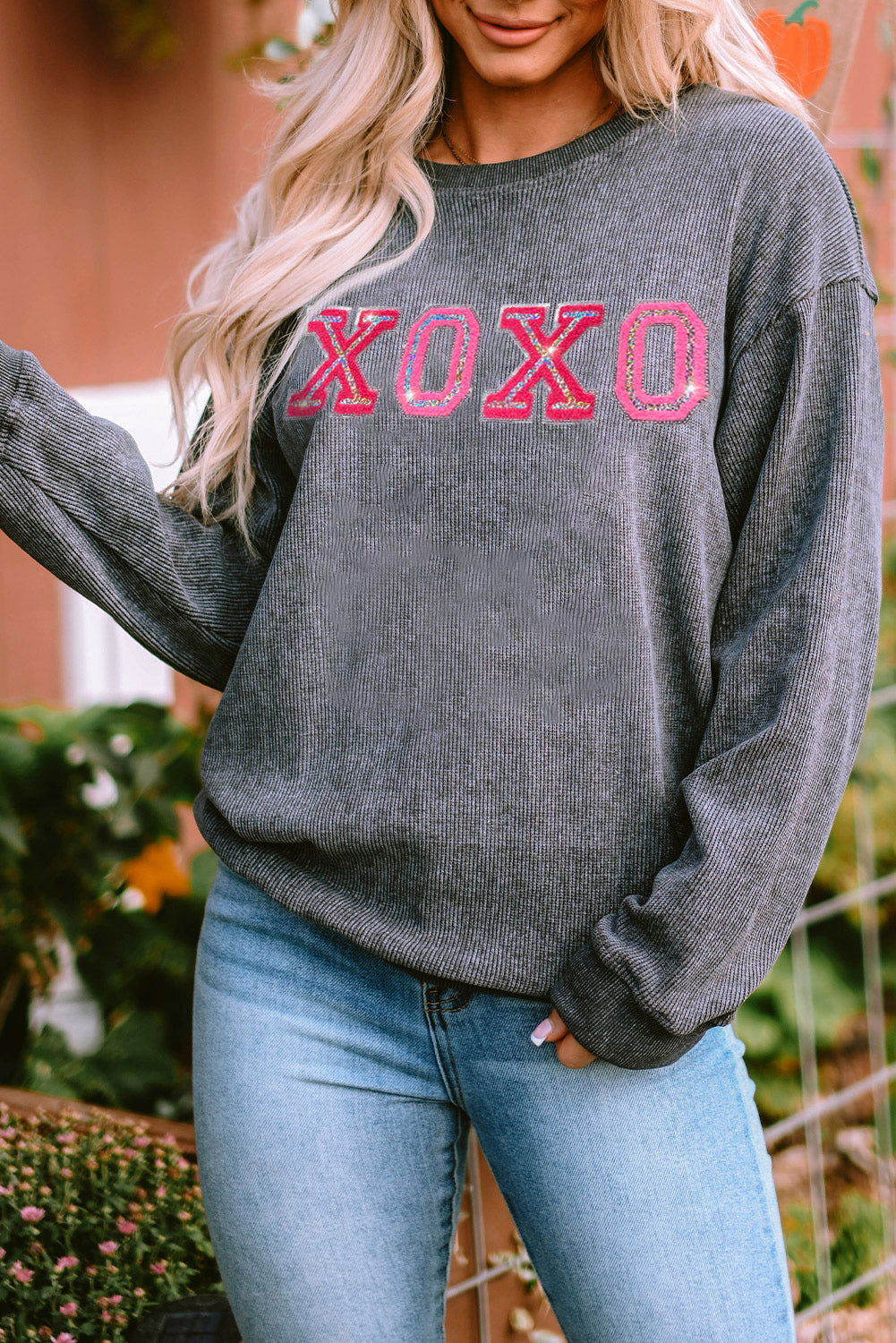 Gray Corded Valentine Sequin XOXO Graphic Sweatshirt - MAD RUFFI