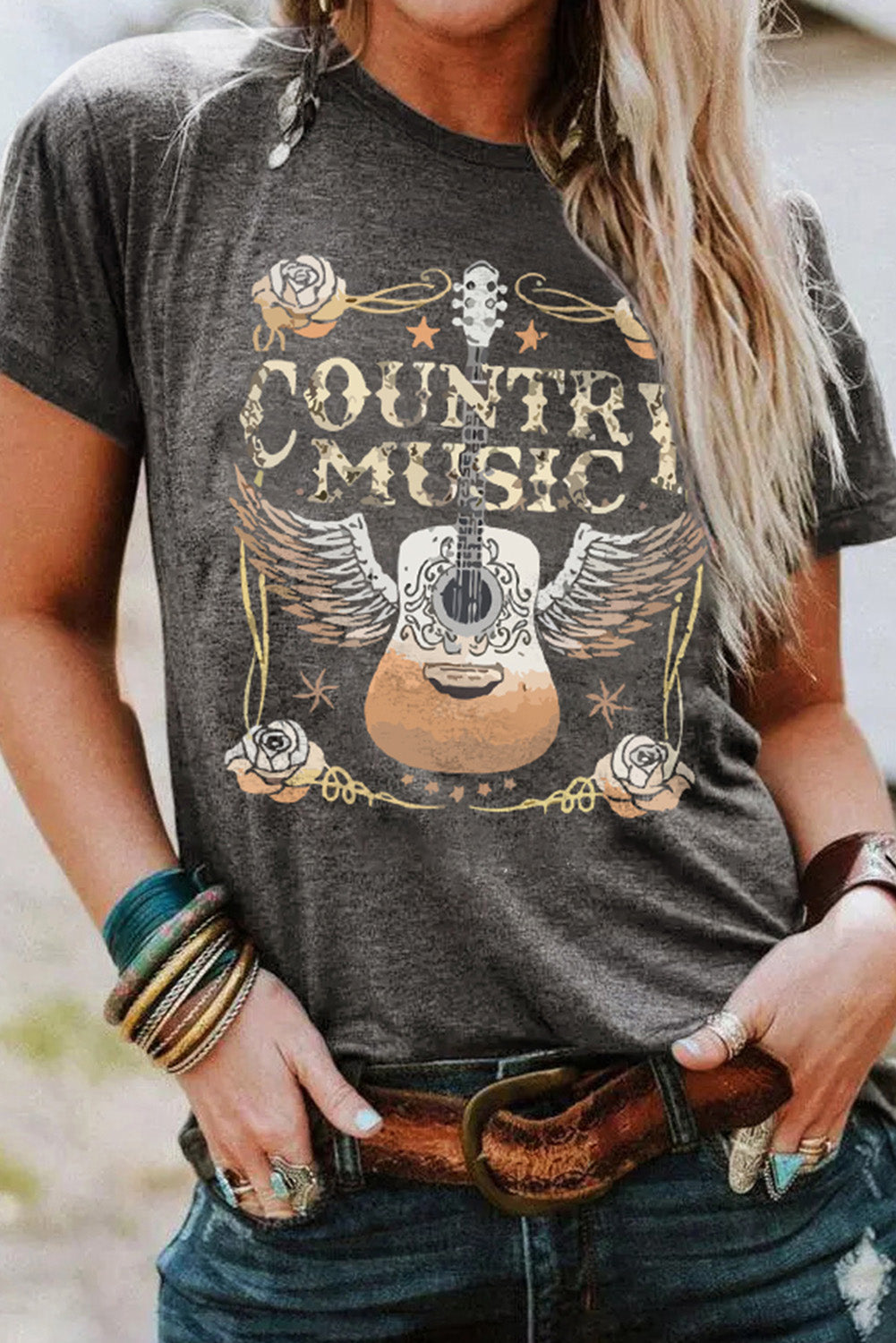 Gray COUNTRY MUSIC Guitar Graphic Print Crew Neck T Shirt - MAD RUFFI