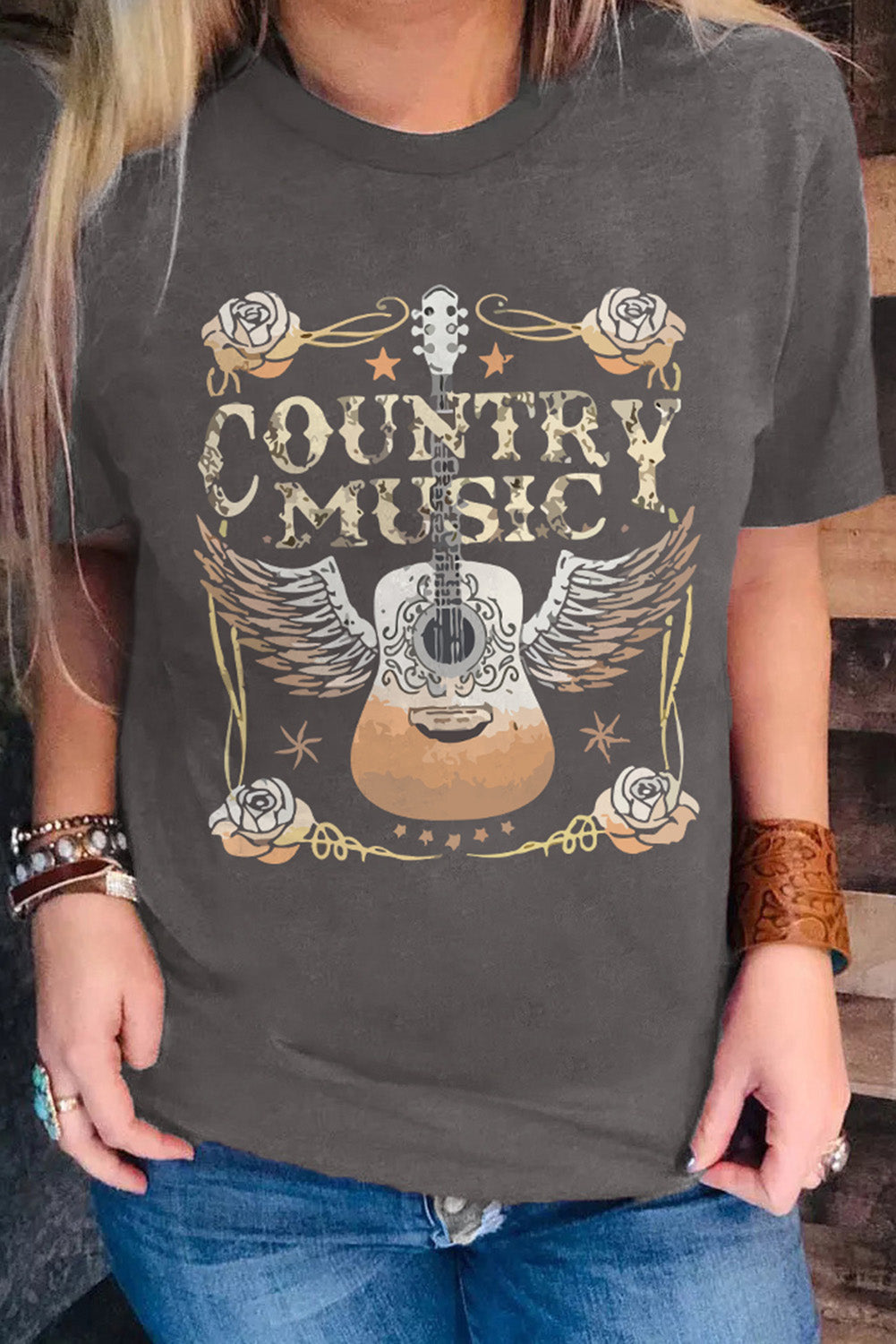 Gray COUNTRY MUSIC Guitar Graphic Print Crew Neck T Shirt - MAD RUFFI