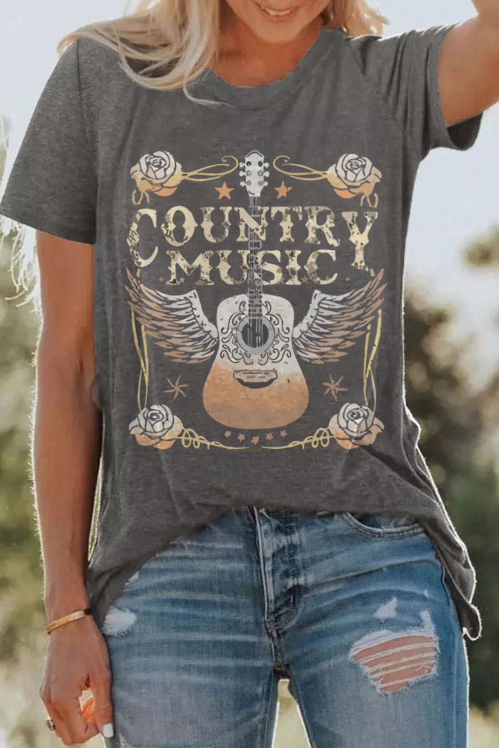 Gray COUNTRY MUSIC Guitar Graphic Print Crew Neck T Shirt - MAD RUFFI