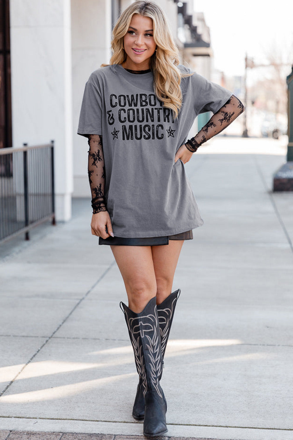 Gray COWBOYS COUNTRY MUSIC Graphic T Shirt - MAD RUFFI