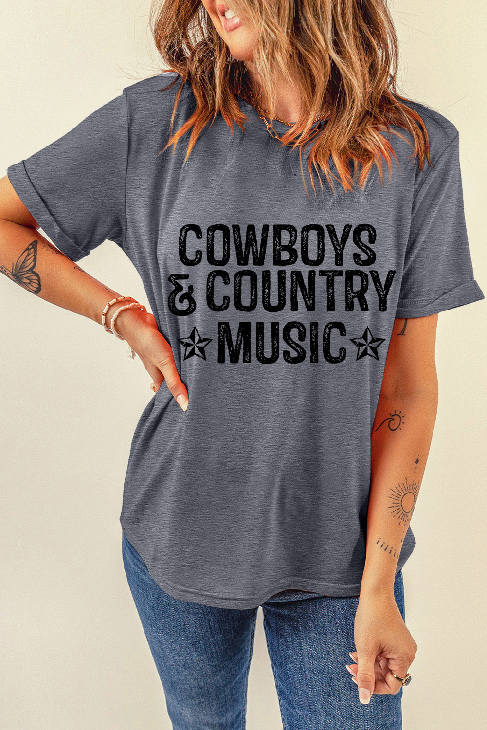 Gray COWBOYS COUNTRY MUSIC Graphic T Shirt - MAD RUFFI