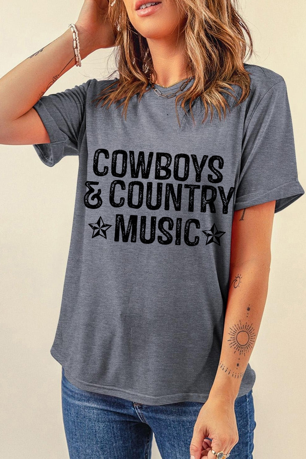 Gray COWBOYS COUNTRY MUSIC Graphic T Shirt - MAD RUFFI