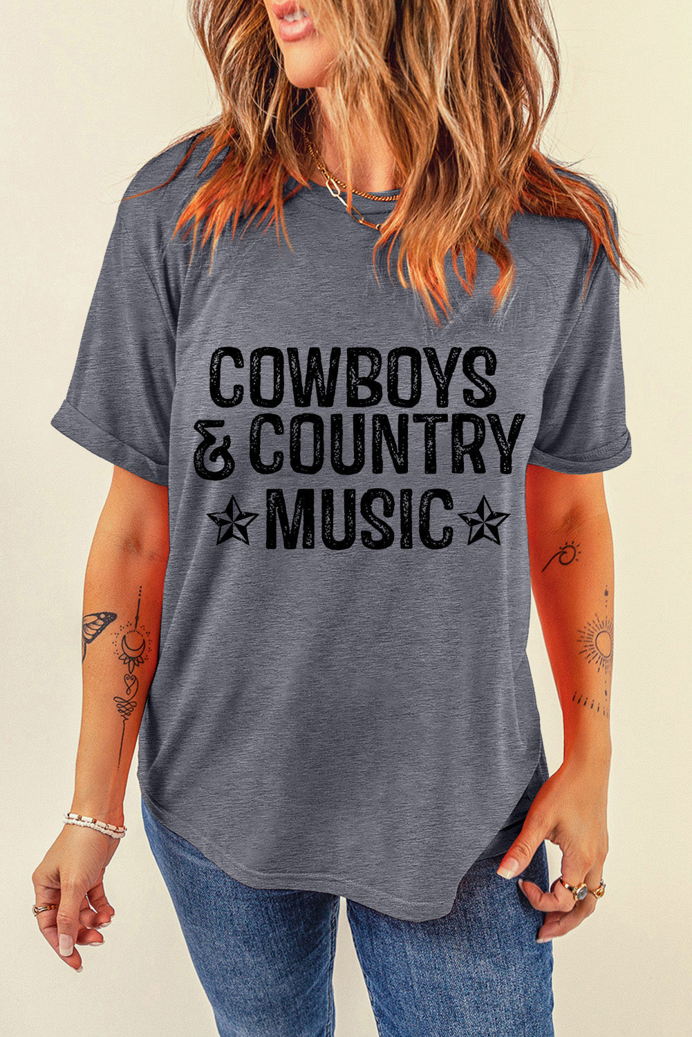 Gray COWBOYS COUNTRY MUSIC Graphic T Shirt - MAD RUFFI