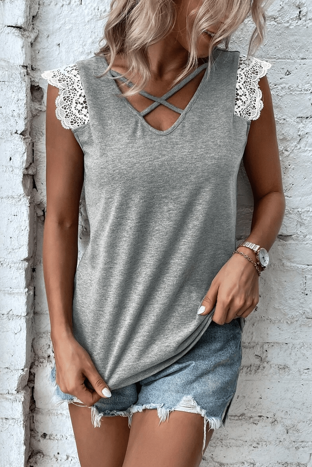 Gray Criss Cross V Neck Lace Applique Sleeveless Top - MAD RUFFI