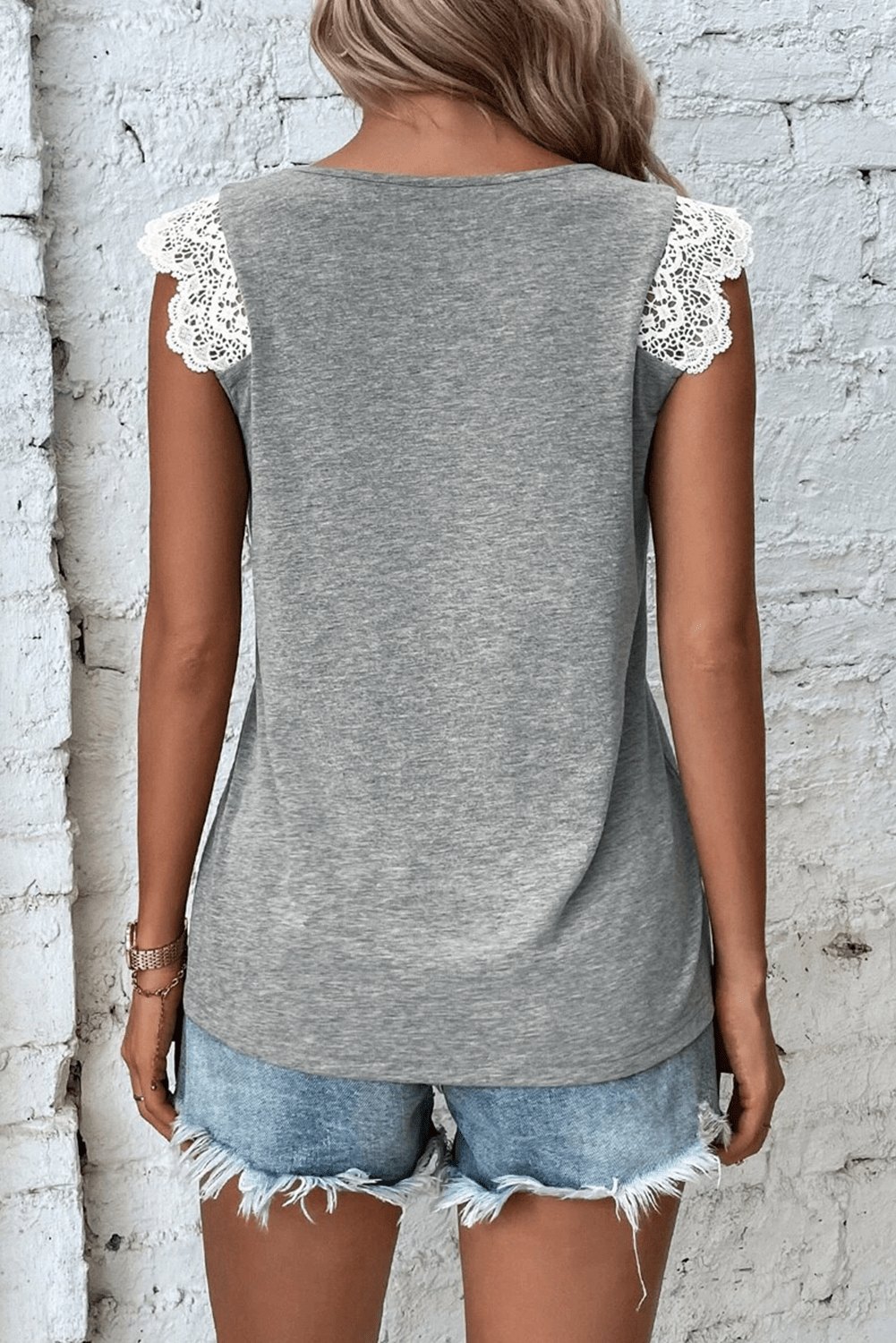 Gray Criss Cross V Neck Lace Applique Sleeveless Top - MAD RUFFI