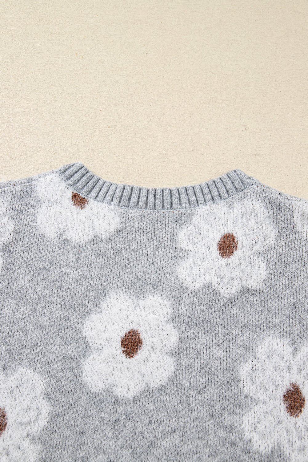 Gray Cute Flower Print V Neck Drop Shoulder Baggy Sweater - MAD RUFFI