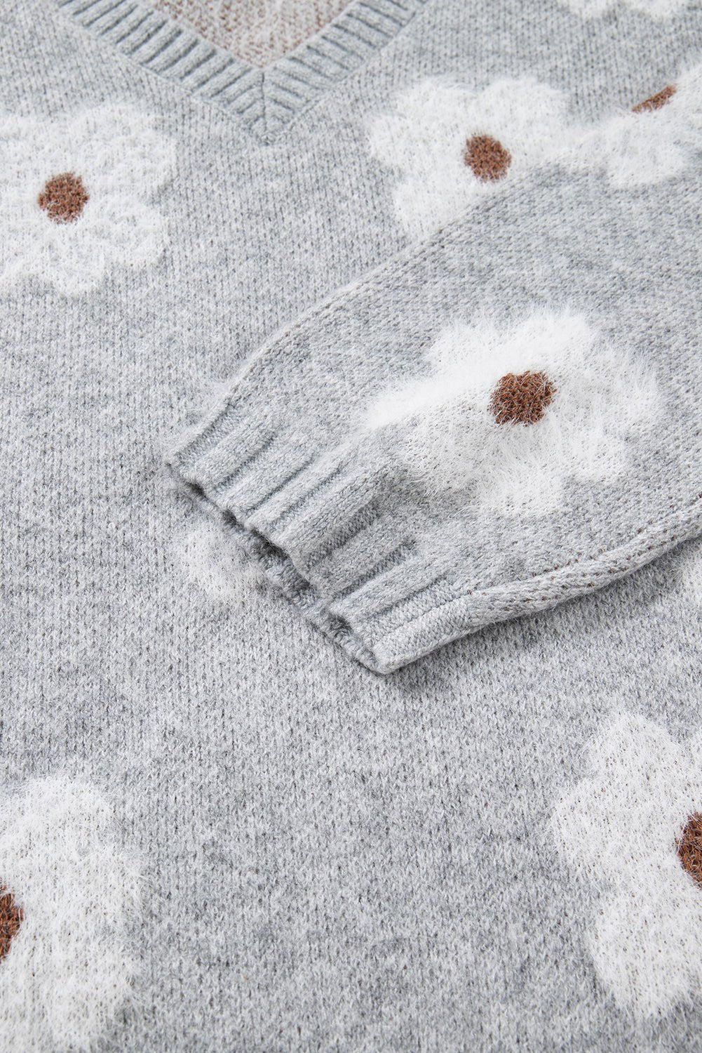 Gray Cute Flower Print V Neck Drop Shoulder Baggy Sweater - MAD RUFFI