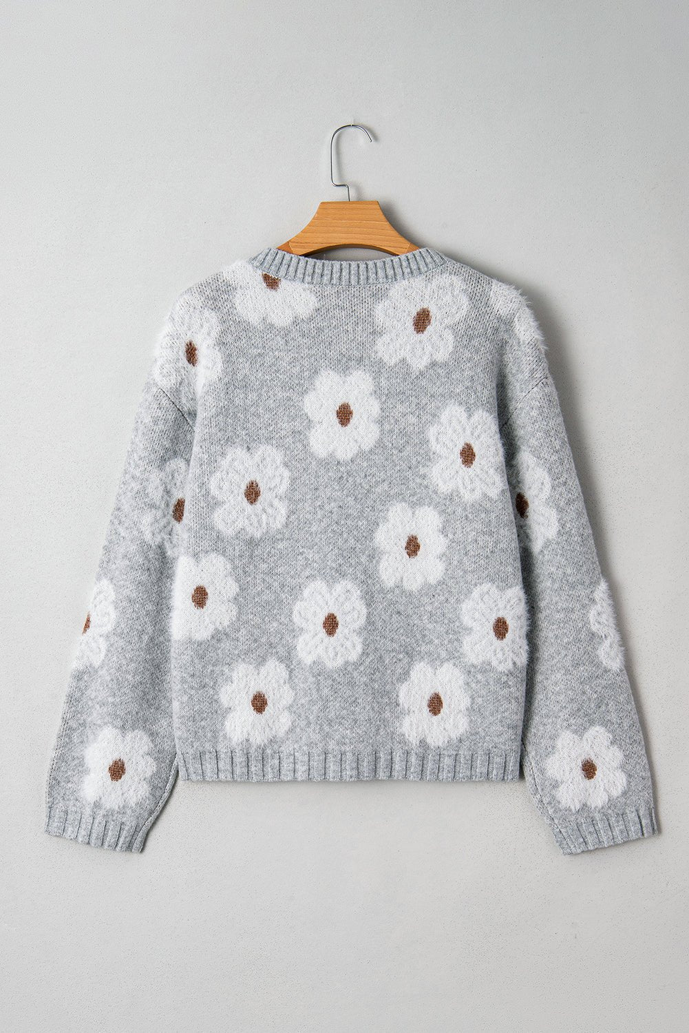 Gray Cute Flower Print V Neck Drop Shoulder Baggy Sweater - MAD RUFFI