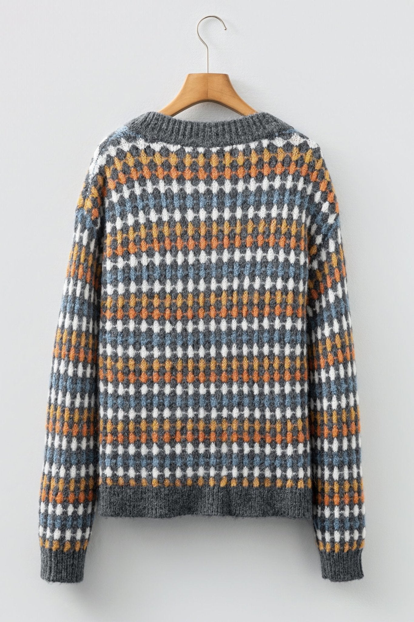 Gray Dotty Pattern Knit Button Front V Neck Sweater Cardigan - MAD RUFFI