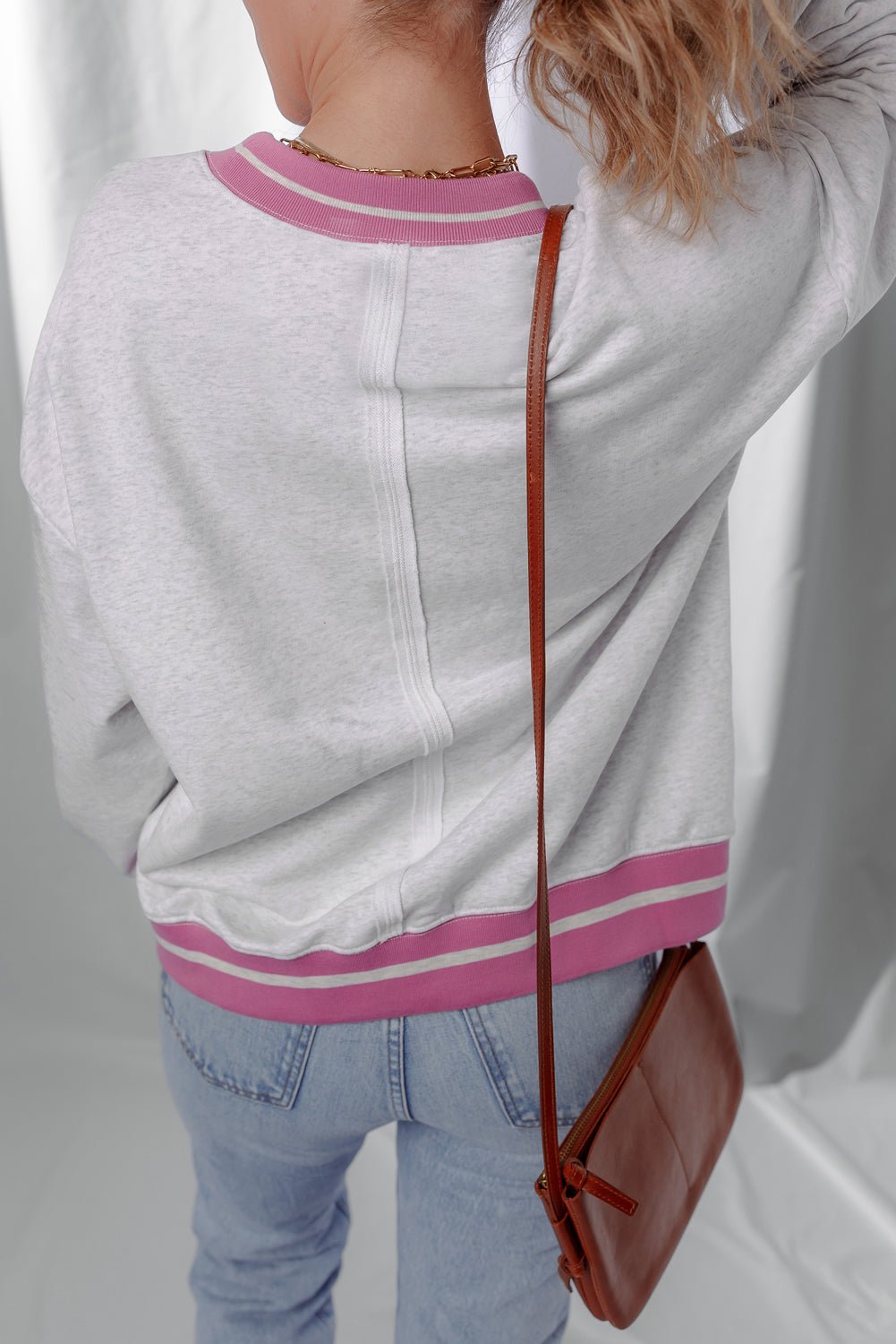 Gray Flower Patch Contrast Trim Crew Neck Sweatshirt - MAD RUFFI