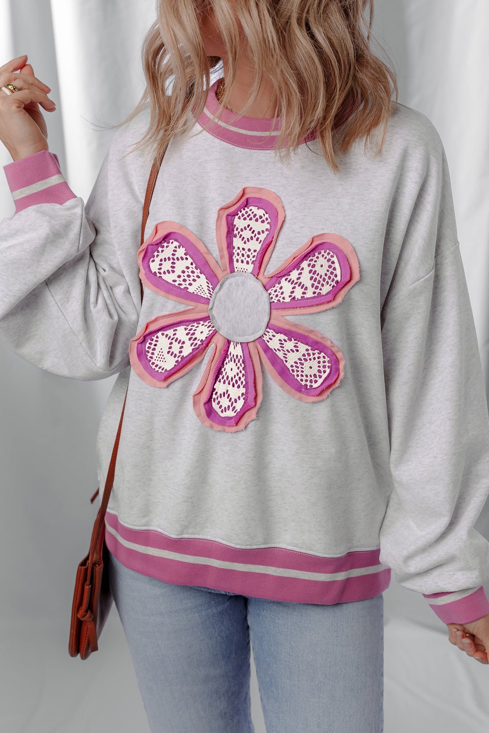 Gray Flower Patch Contrast Trim Crew Neck Sweatshirt - MAD RUFFI