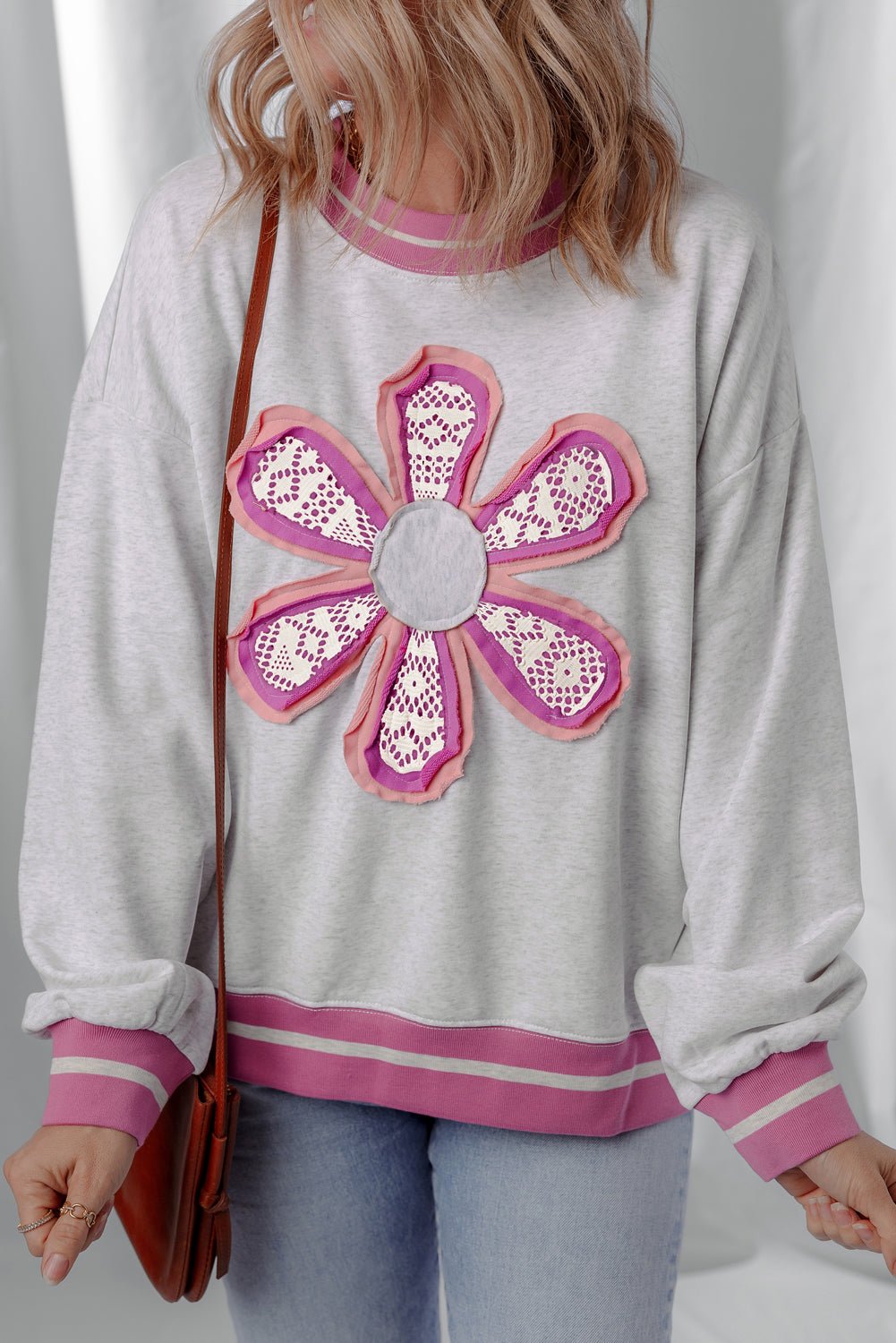 Gray Flower Patch Contrast Trim Crew Neck Sweatshirt - MAD RUFFI