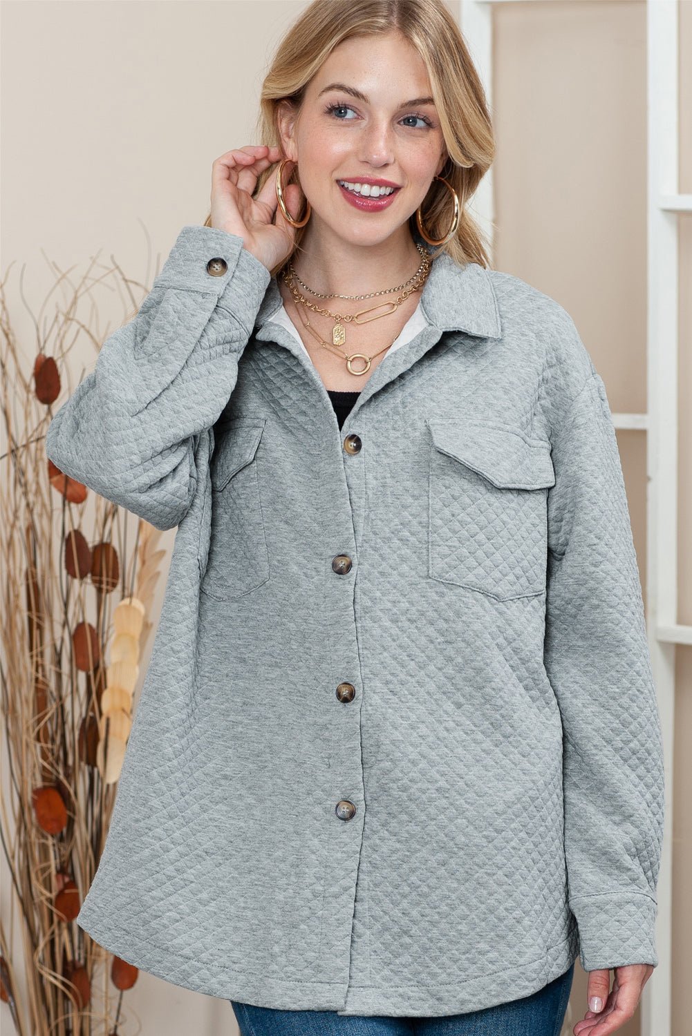 Gray Lattice Texture Retro Flap Pocket Button Quilted Shacket - MAD RUFFI