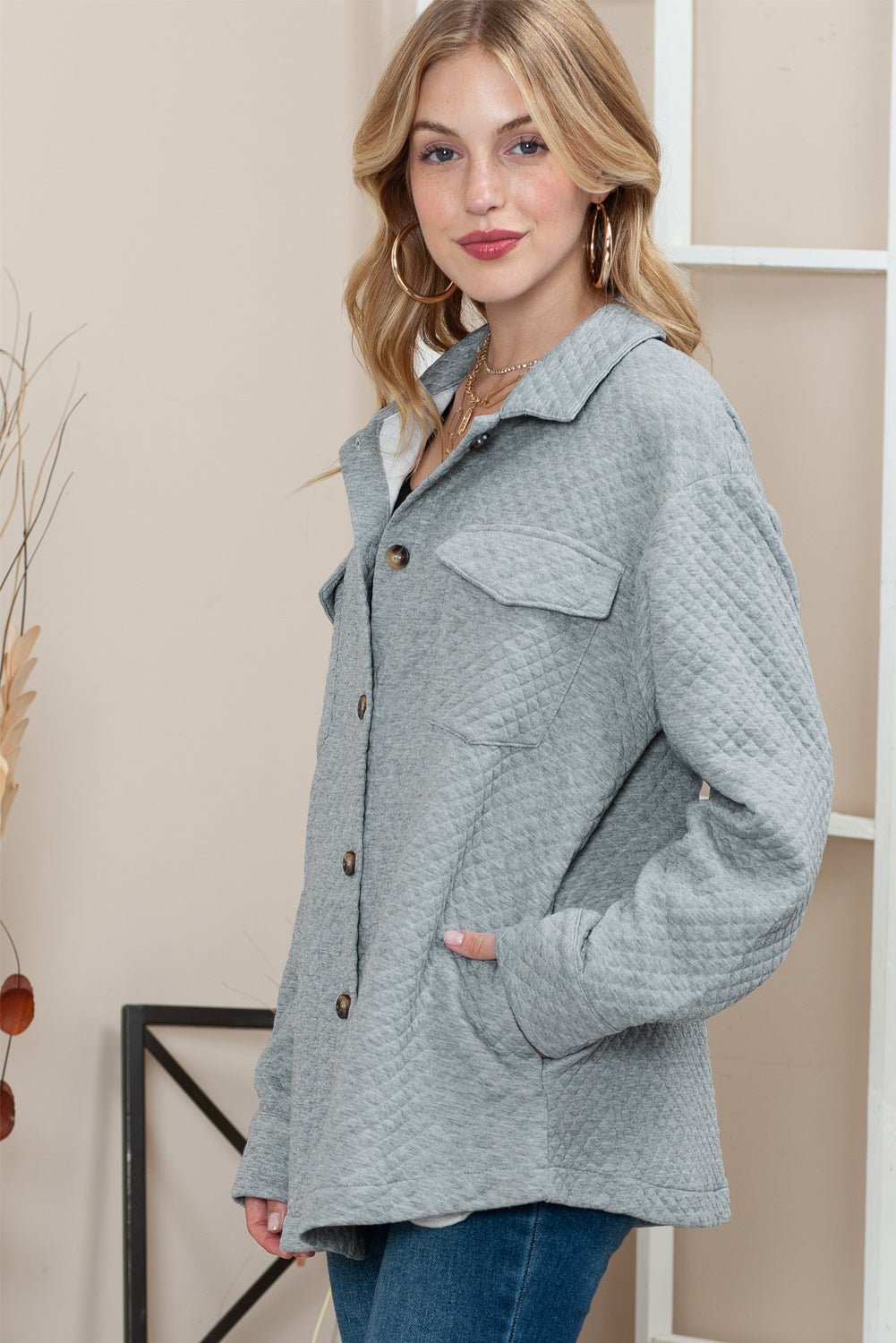 Gray Lattice Texture Retro Flap Pocket Button Quilted Shacket - MAD RUFFI