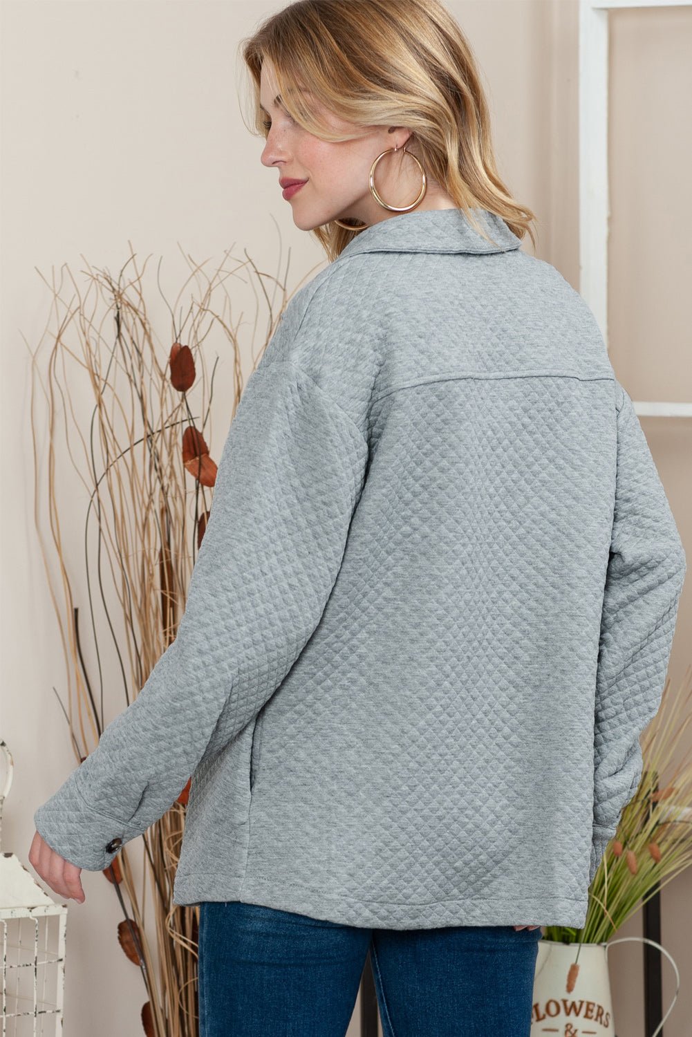 Gray Lattice Texture Retro Flap Pocket Button Quilted Shacket - MAD RUFFI