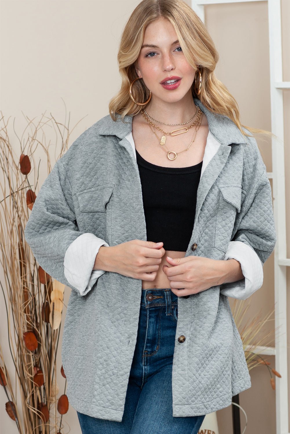 Gray Lattice Texture Retro Flap Pocket Button Quilted Shacket - MAD RUFFI