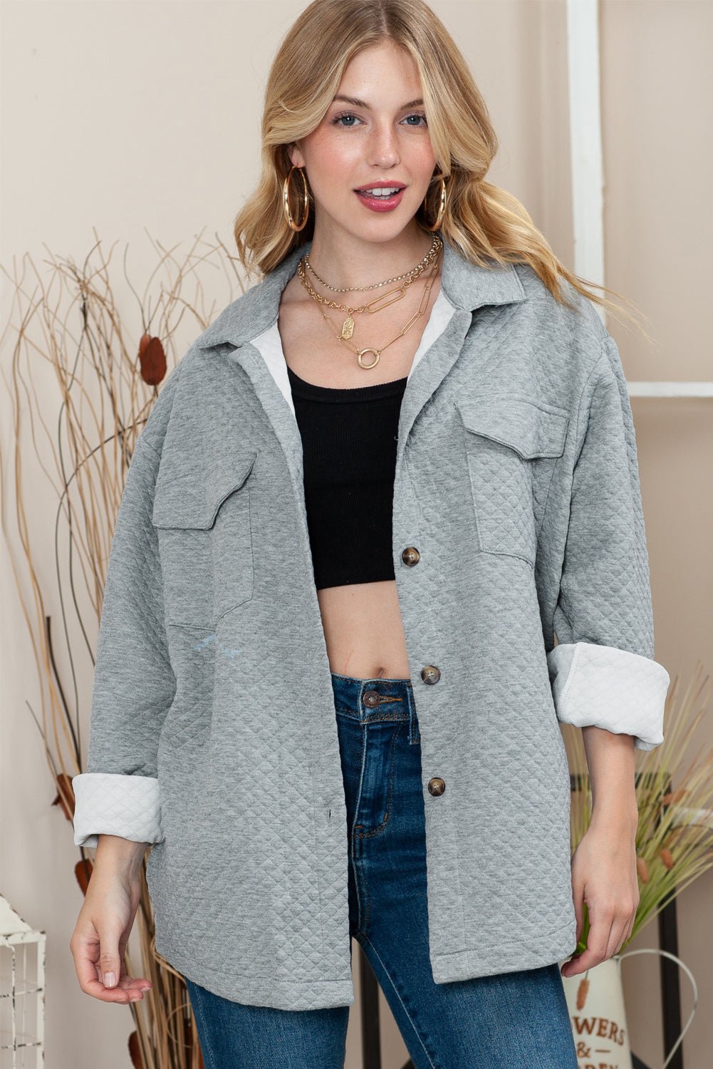 Gray Lattice Texture Retro Flap Pocket Button Quilted Shacket - MAD RUFFI