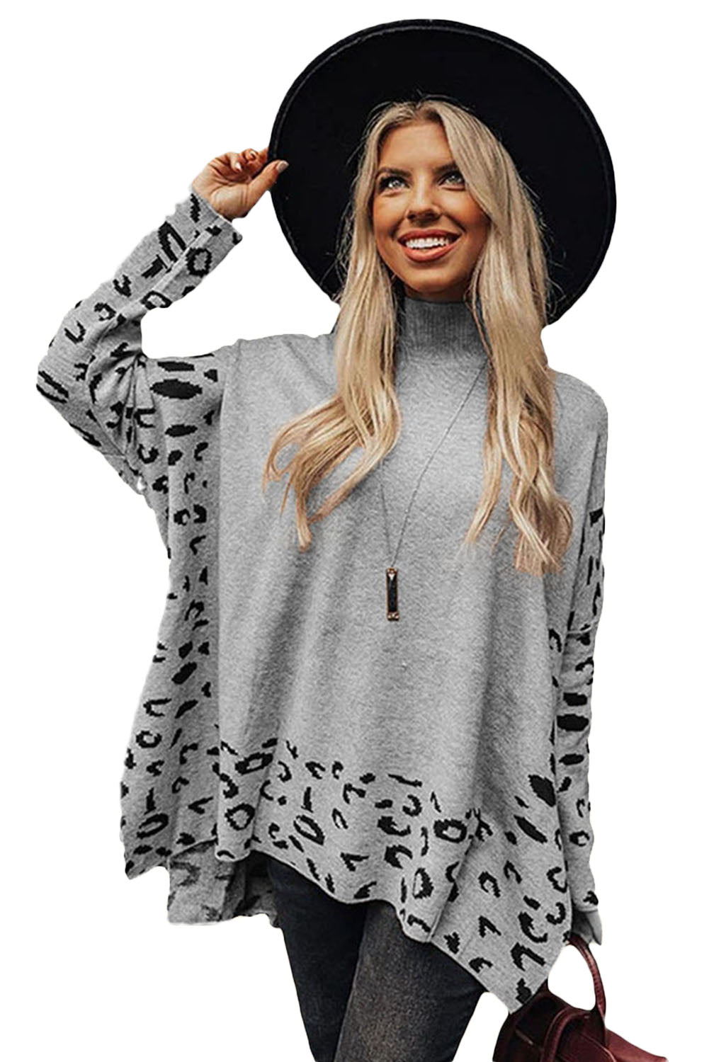 Gray Leopard Casual Side Slit High Neck Oversized Sweater - MAD RUFFI