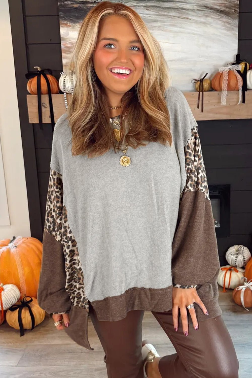 Gray Leopard Patchwork Dolman Sleeve High Low Baggy Sweatshirt - MAD RUFFI