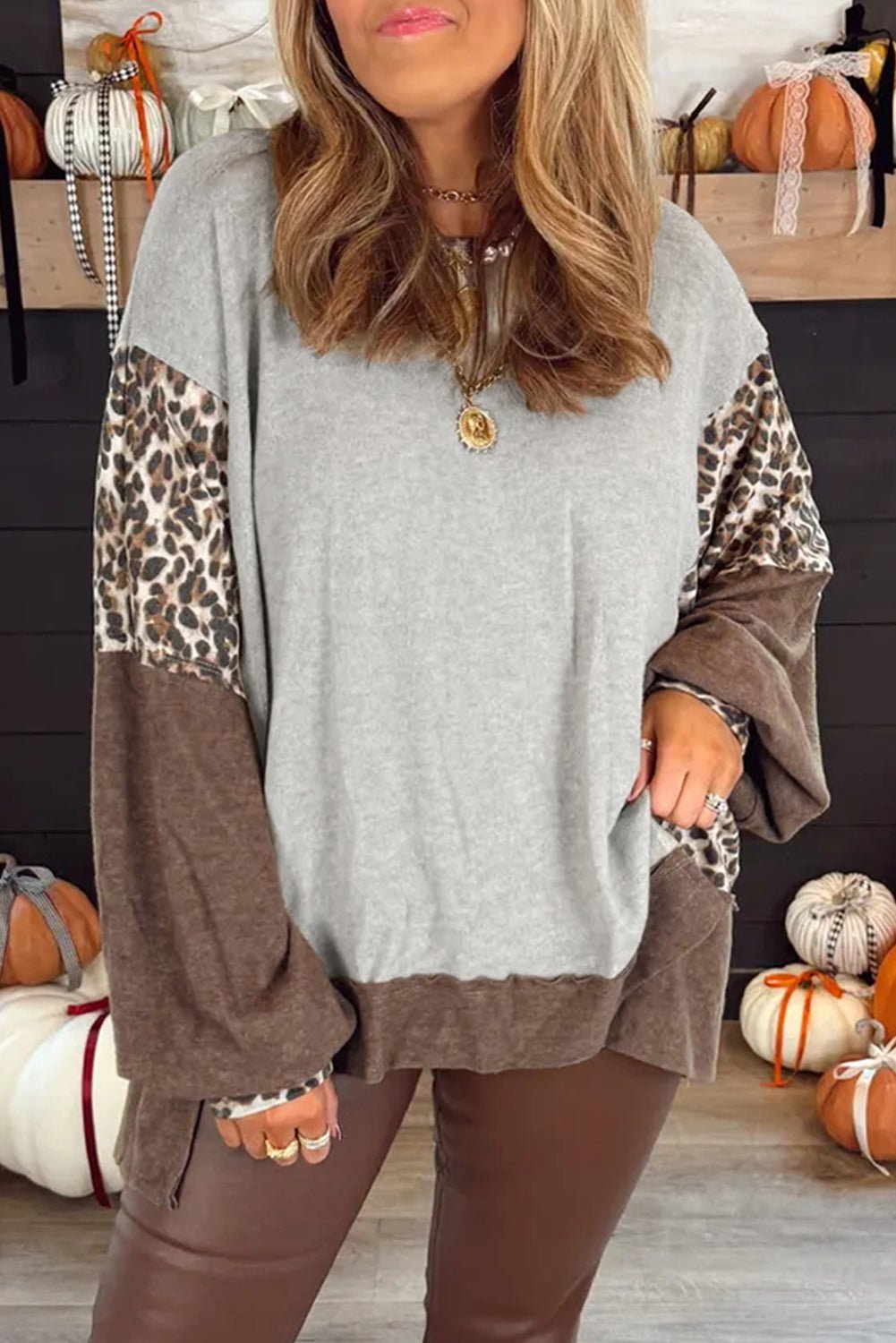 Gray Leopard Patchwork Dolman Sleeve High Low Baggy Sweatshirt - MAD RUFFI