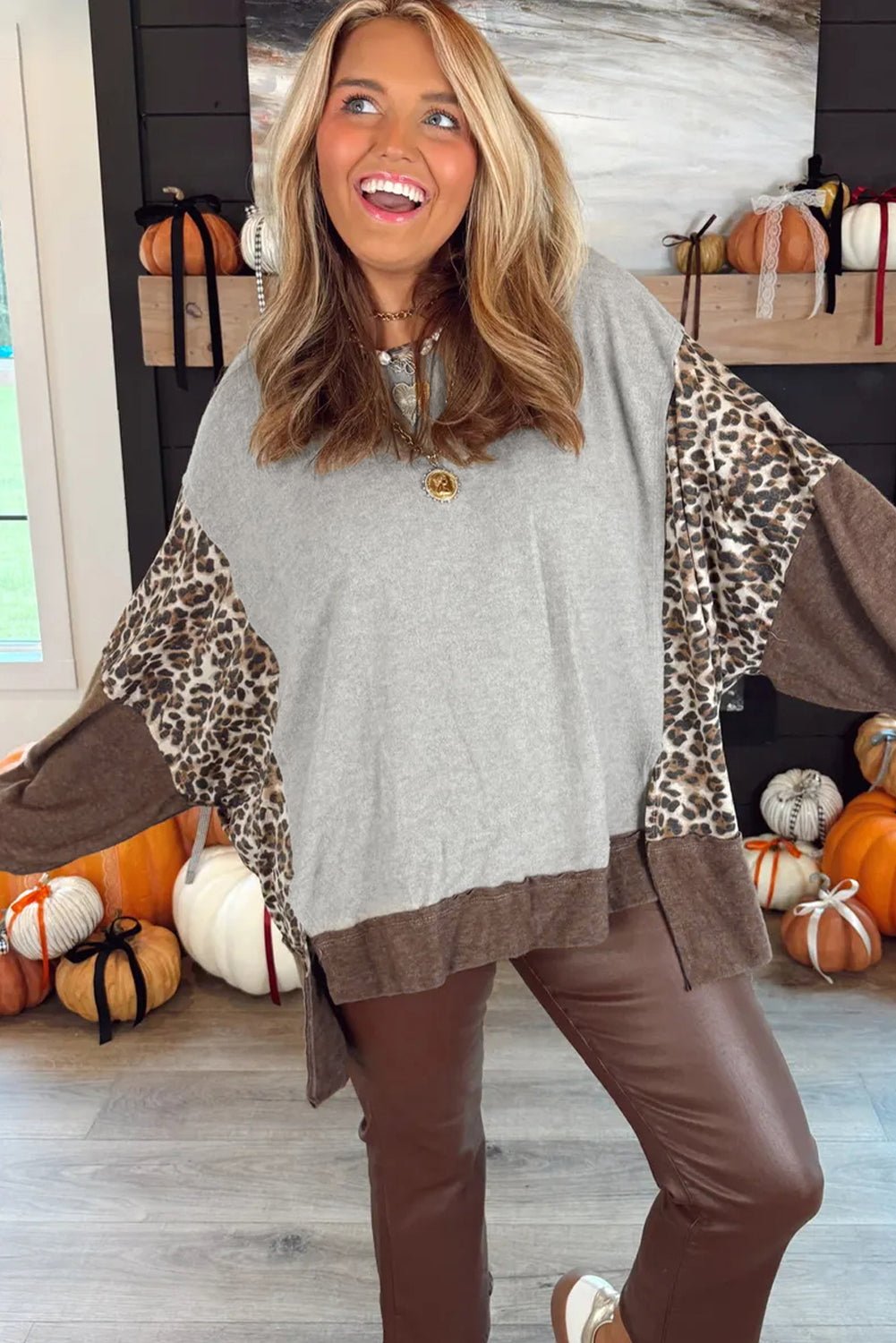 Gray Leopard Patchwork Dolman Sleeve High Low Baggy Sweatshirt - MAD RUFFI