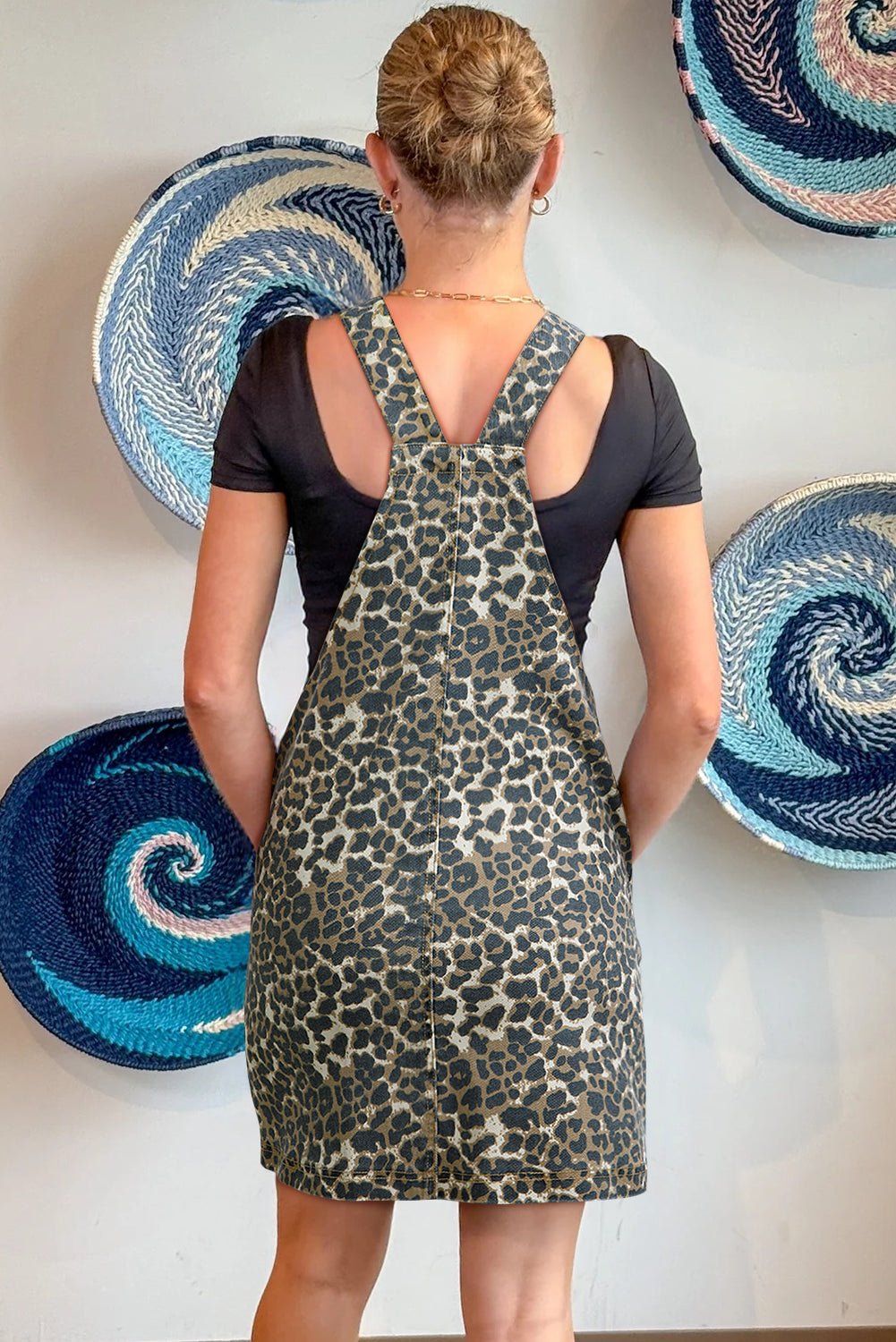 Gray Leopard Print Pocketed Loose Fit Denim Overall Dress - MAD RUFFI