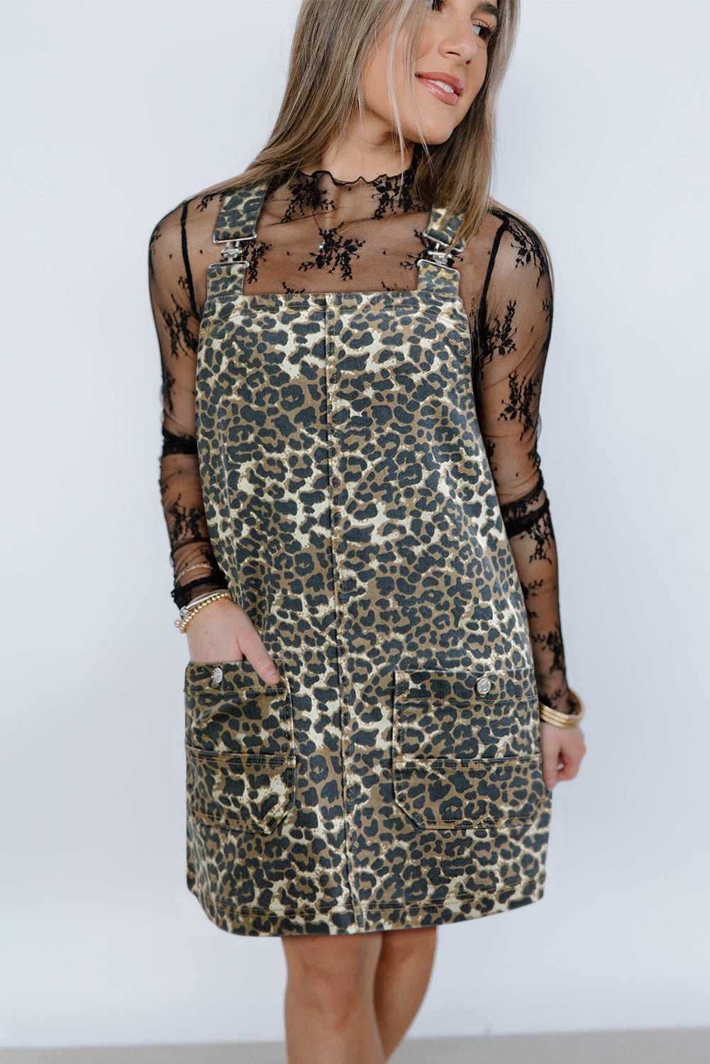 Gray Leopard Print Pocketed Loose Fit Denim Overall Dress - MAD RUFFI